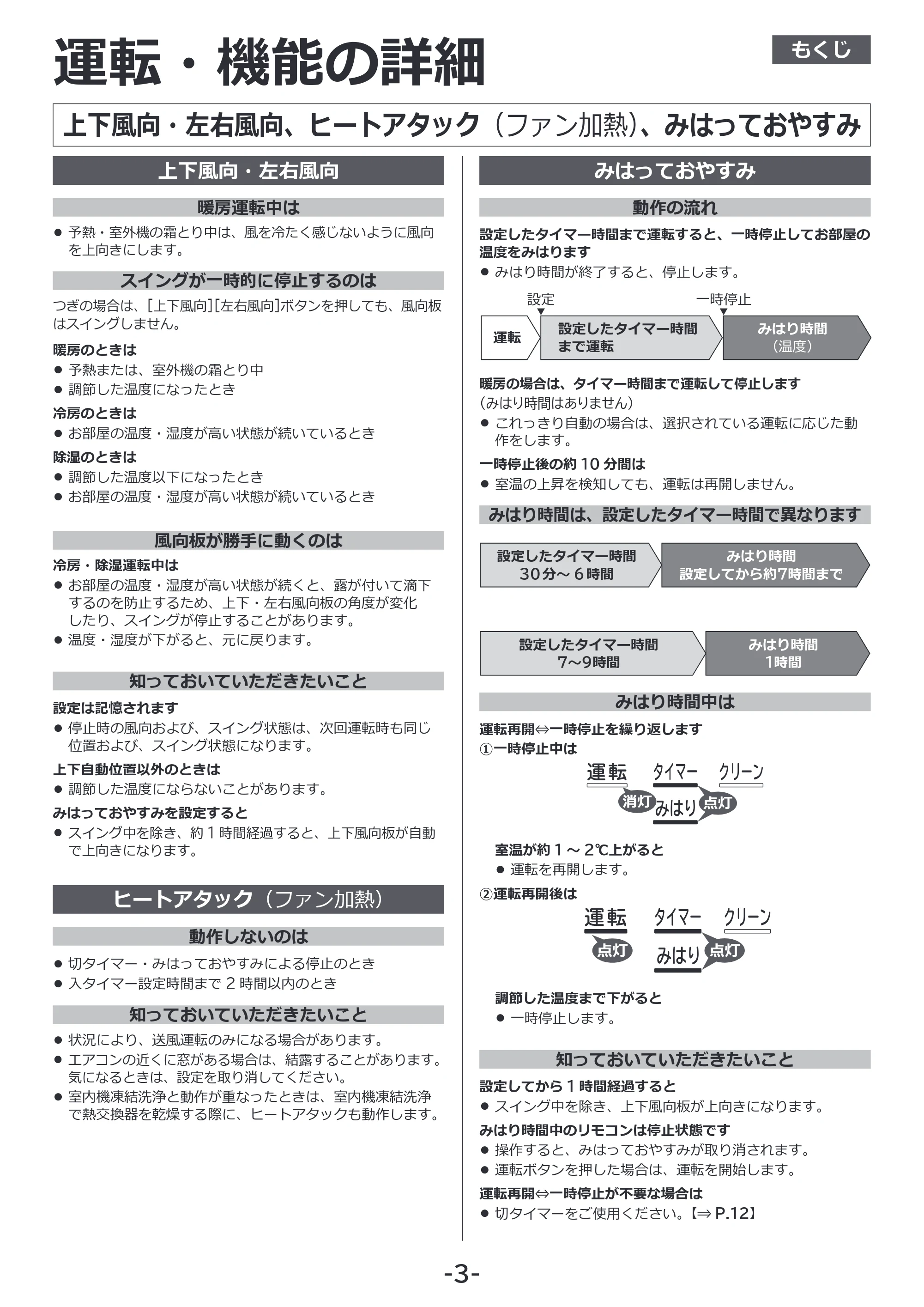 日立 RAS-RK2227S / RAS-RK2527S / RAS-RK2827S 補足説明書(Web掲載のみ) — 上下風向・左右風向、ヒートアタック（ファン加熱）、みはっておやすみ — 原本ページ — 3ページ