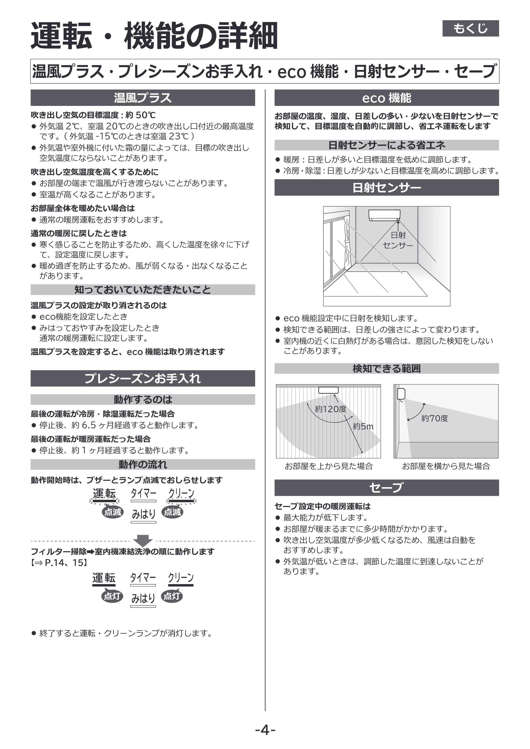 日立 RAS-RK2227S / RAS-RK2527S / RAS-RK2827S 補足説明書(Web掲載のみ) — 温風プラス・プレシーズンお手入れ・eco 機能・日射センサー・セーブ — 原本ページ — 4ページ