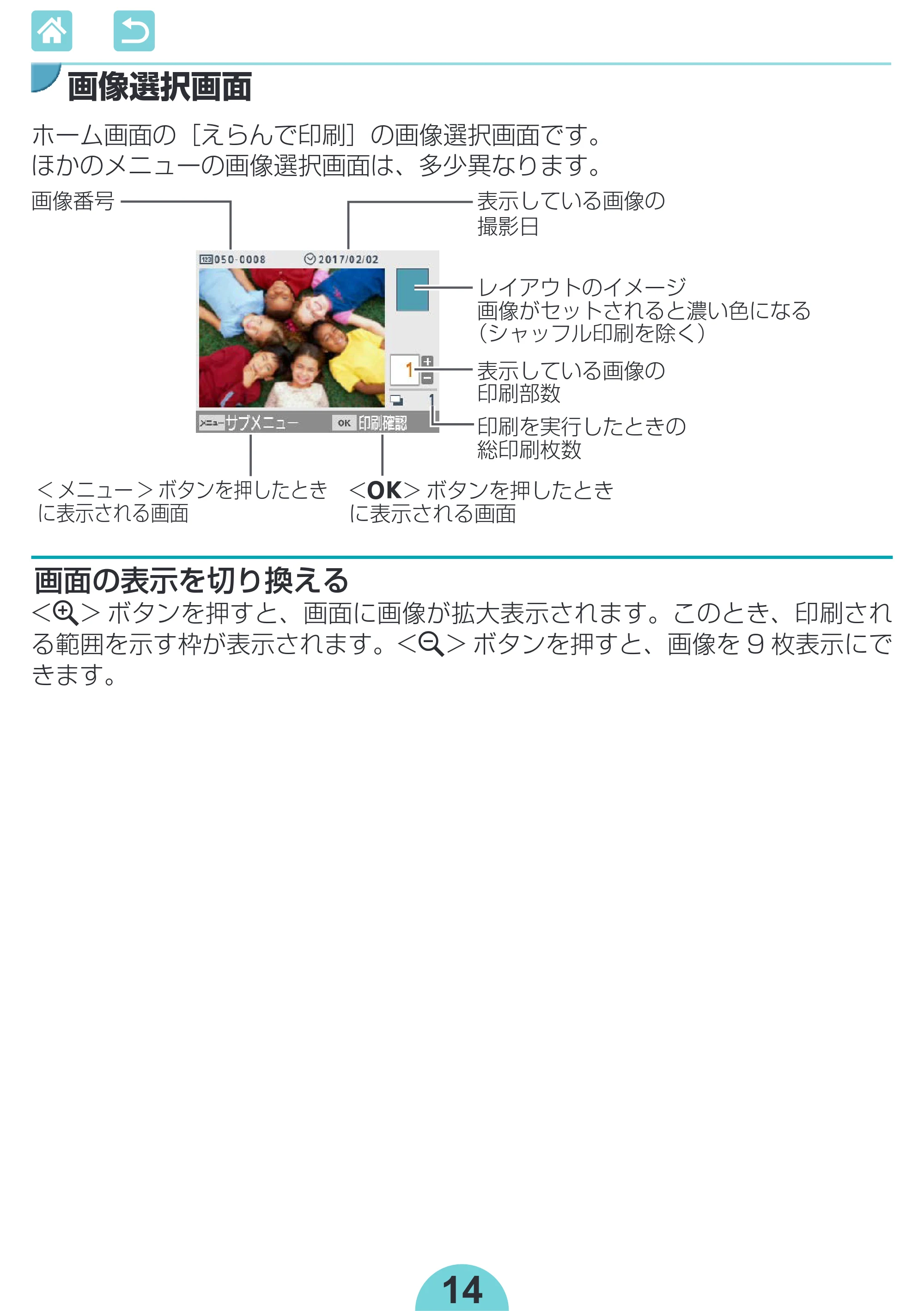 キヤノン SELPHY CP1300 使用説明書 活用編 2020年12月1日掲載 (PDF:2.06MB) — 画像選択画面 — 原本ページ — 14ページ