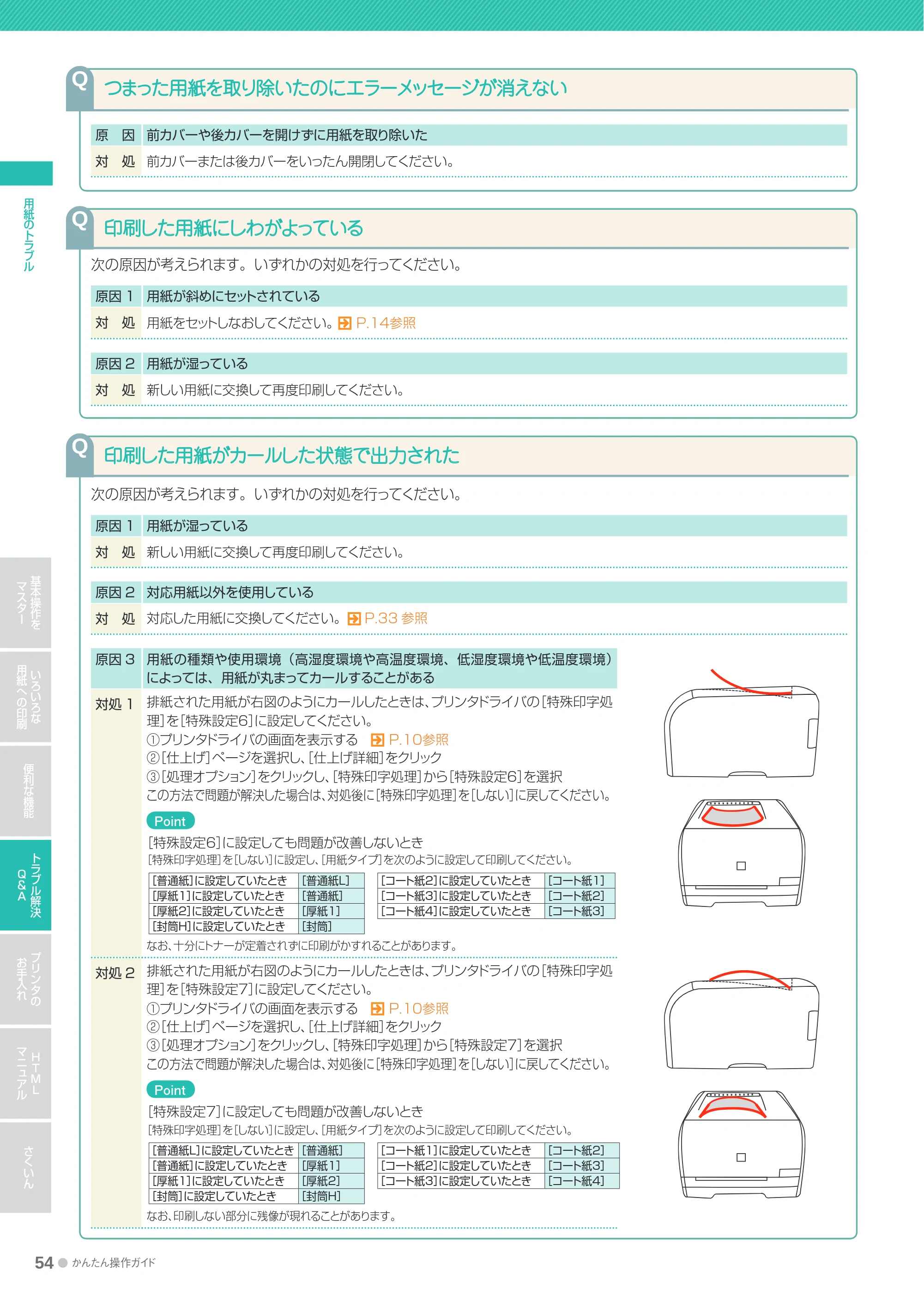キヤノン LBP5050/5050n かんたん操作ガイド 2010年2月25日更新 （PDF形式／15.38Mバイト） — つまった用紙を取り除いたのにエラーメッセージが消えない — 原本ページ — 54ページ