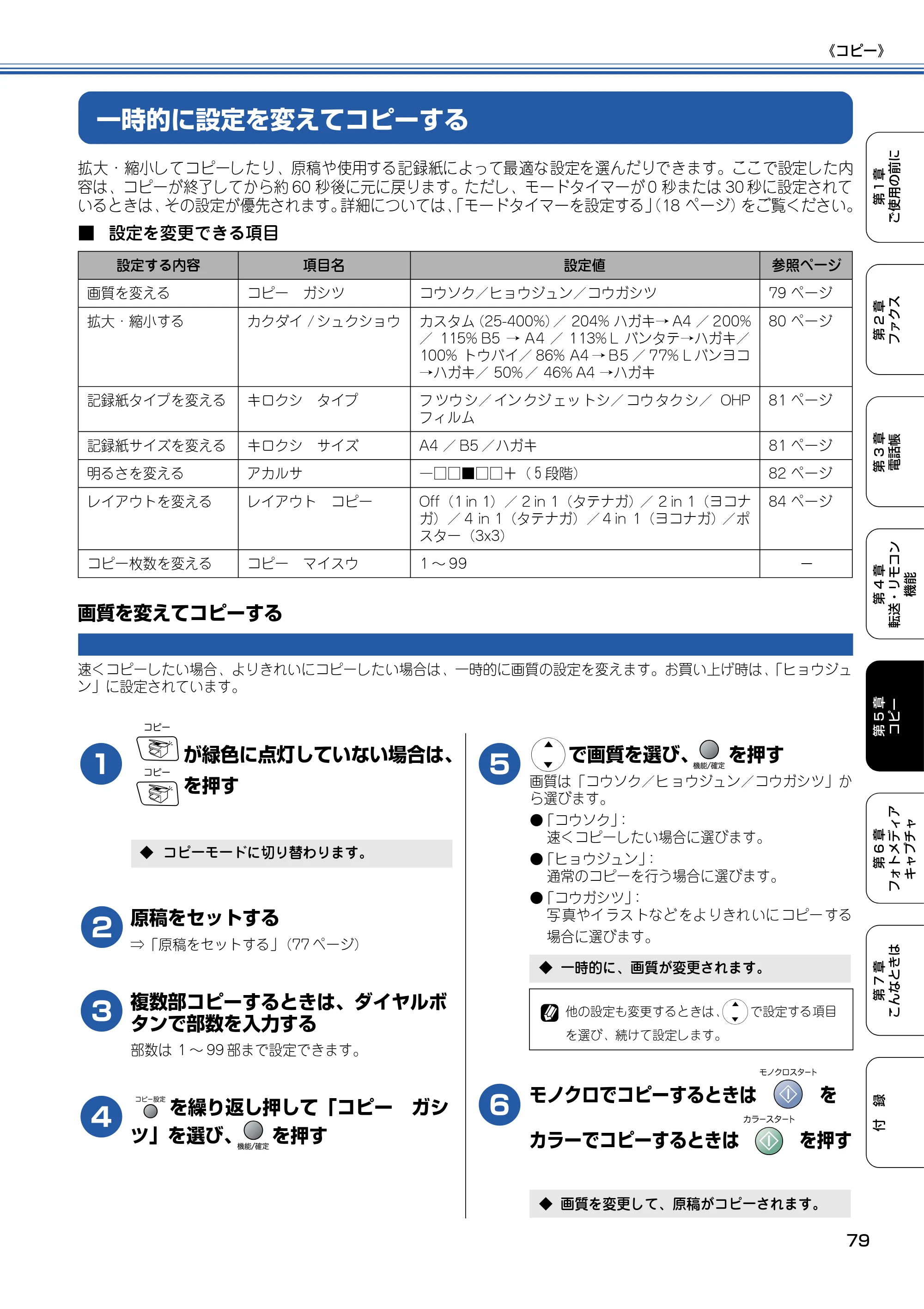 ブラザー MFC-410CN 取扱説明書（本体） — 一時的に設定を変えてコピーする — 原本ページ — 80ページ