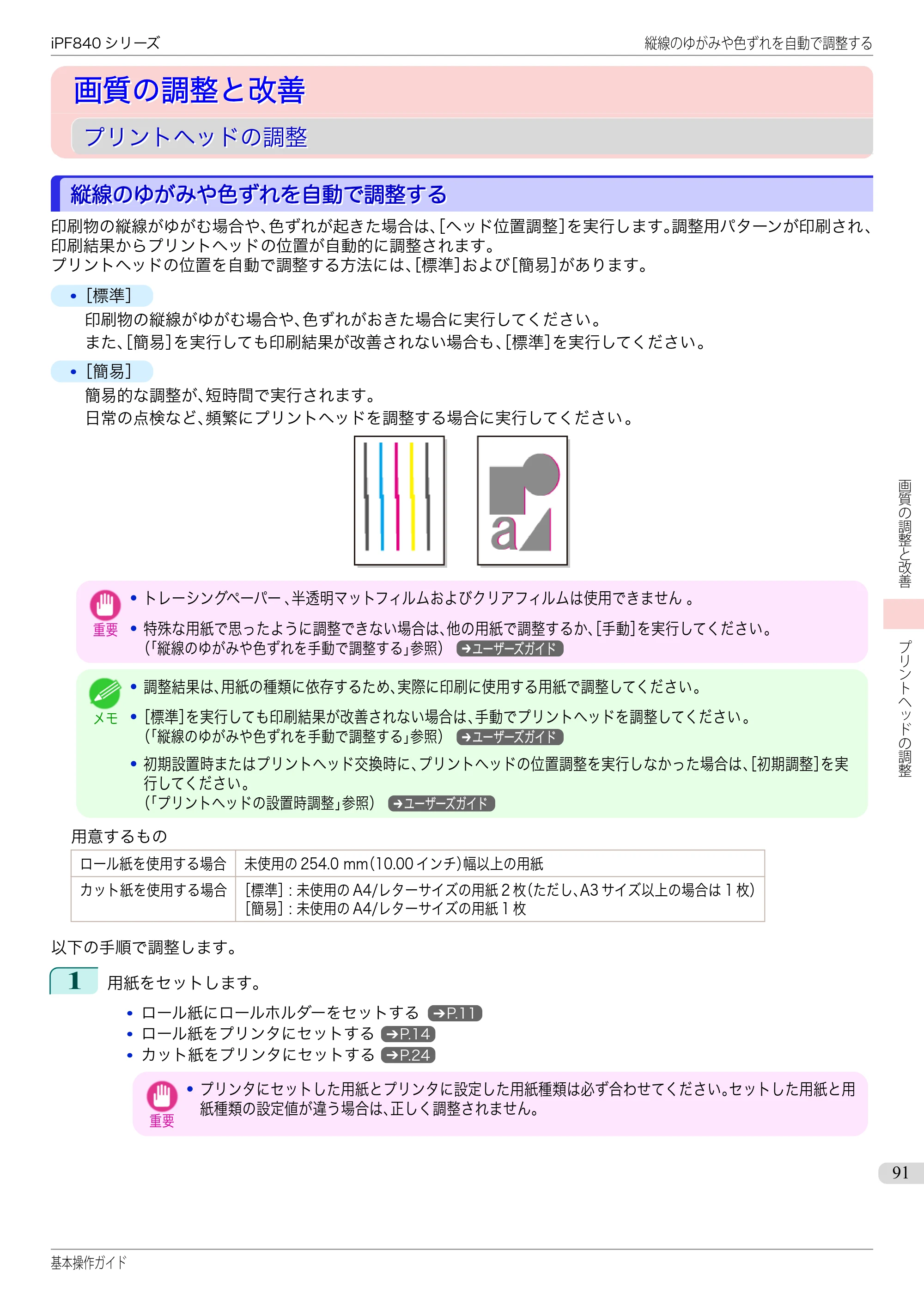 キヤノン iPF830/840/850 iPF840 基本操作ガイド（PDF：7.27MB） — 画質の調整と改善 — 原本ページ — 91ページ