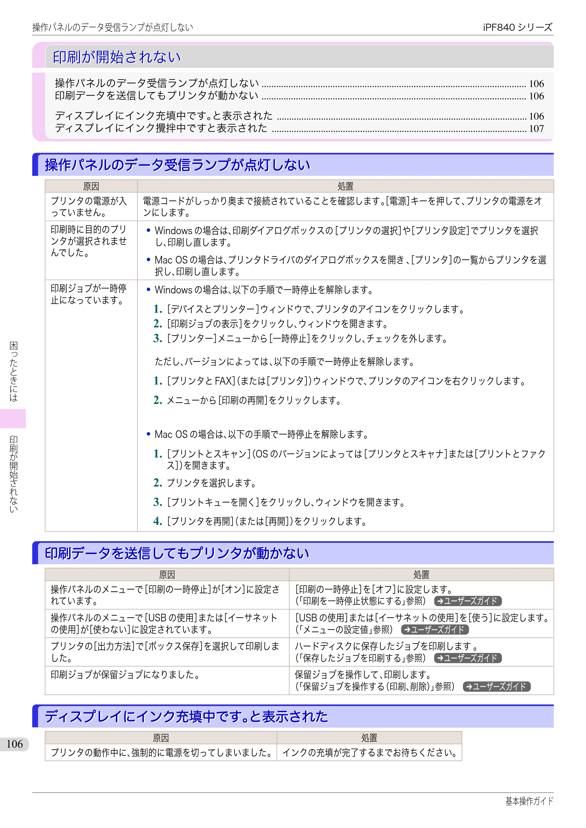 キヤノン iPF830/840/850 iPF840 基本操作ガイド（PDF：7.27MB） — 印刷が開始されない — 原本ページ — 106ページ