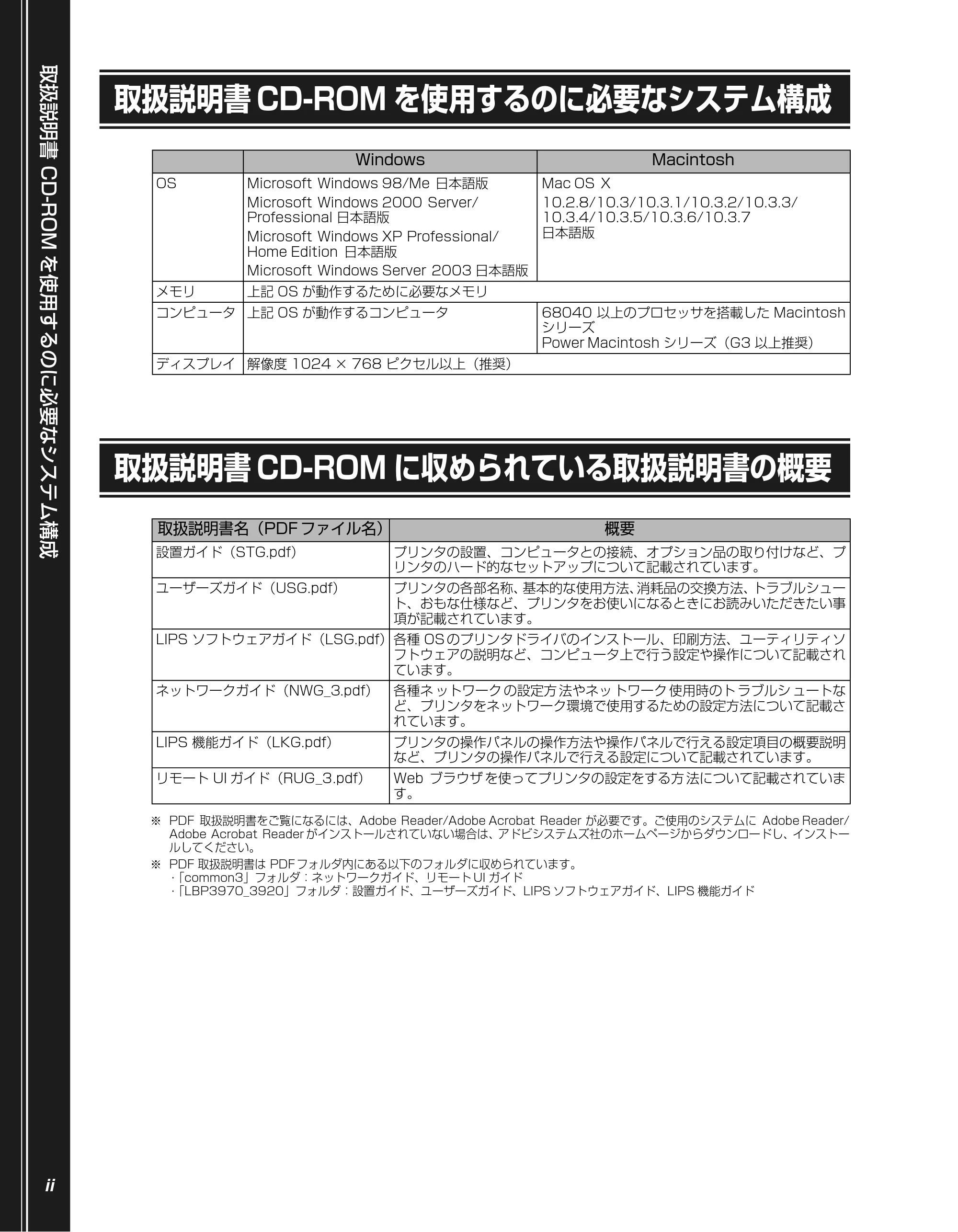 キヤノン LBP3970/3920 かんたん操作ガイド 2007年1月25日掲載 （PDF形式／5.19Mバイト） — 取扱説明書CD-ROMを使用するのに必要なシステム構成 — 原本ページ — 4ページ