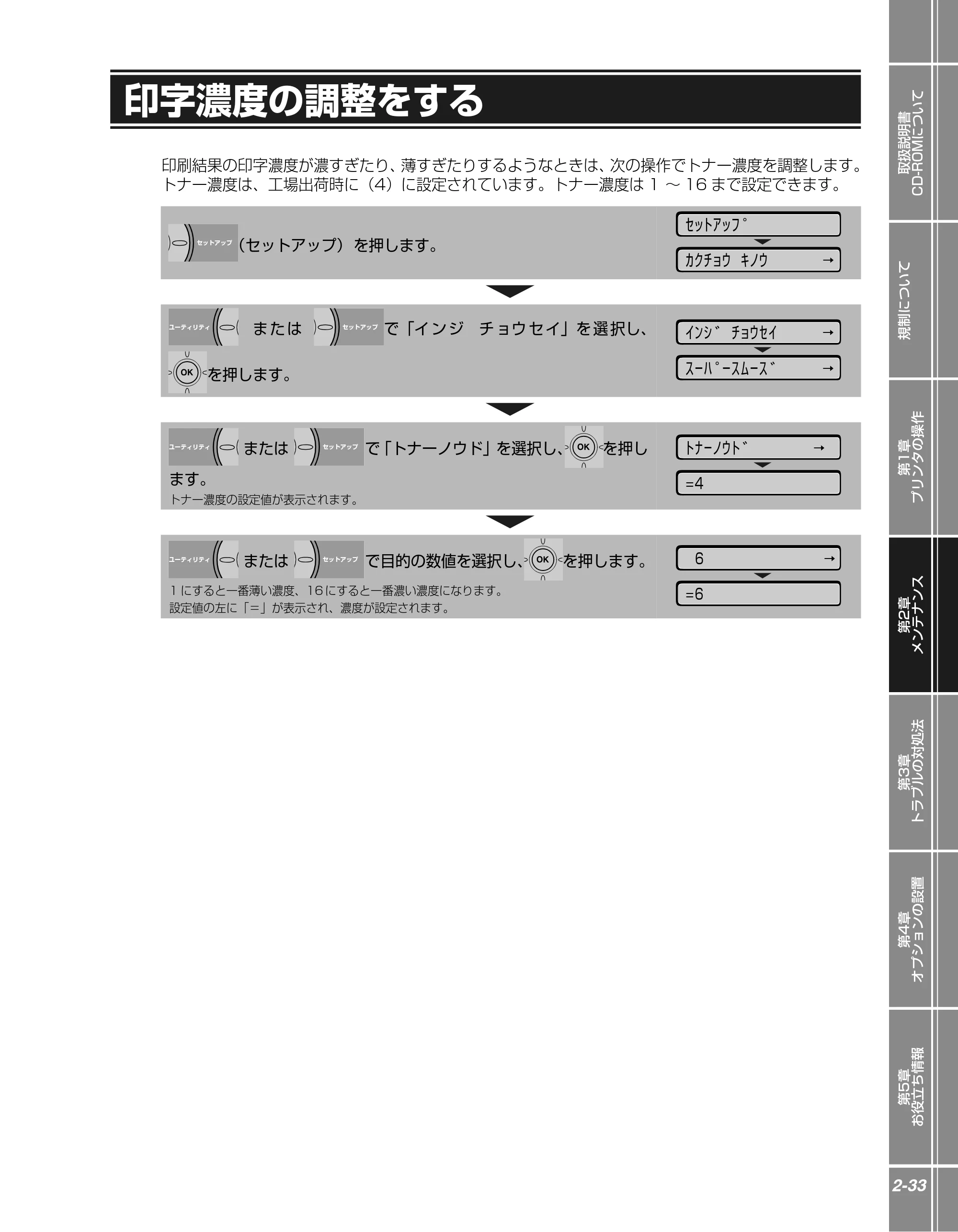 キヤノン LBP3970/3920 かんたん操作ガイド 2007年1月25日掲載 （PDF形式／5.19Mバイト） — 印字濃度の調整をする — 原本ページ — 49ページ
