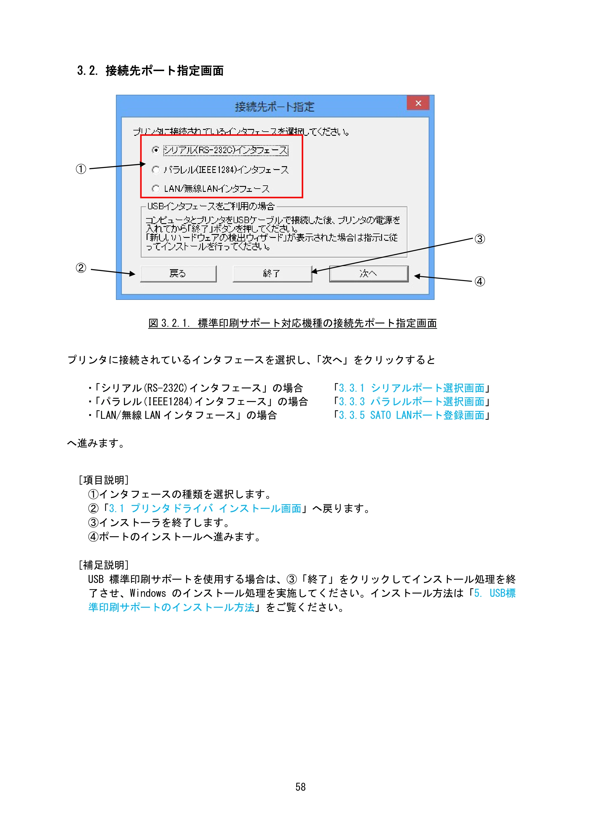 サトー BF408R / 412R / GN412T / HA212R / 224R プリンタドライバ説明書（第8版） — 3.2. 接続先ポート指定画面 — 原本ページ — 61ページ