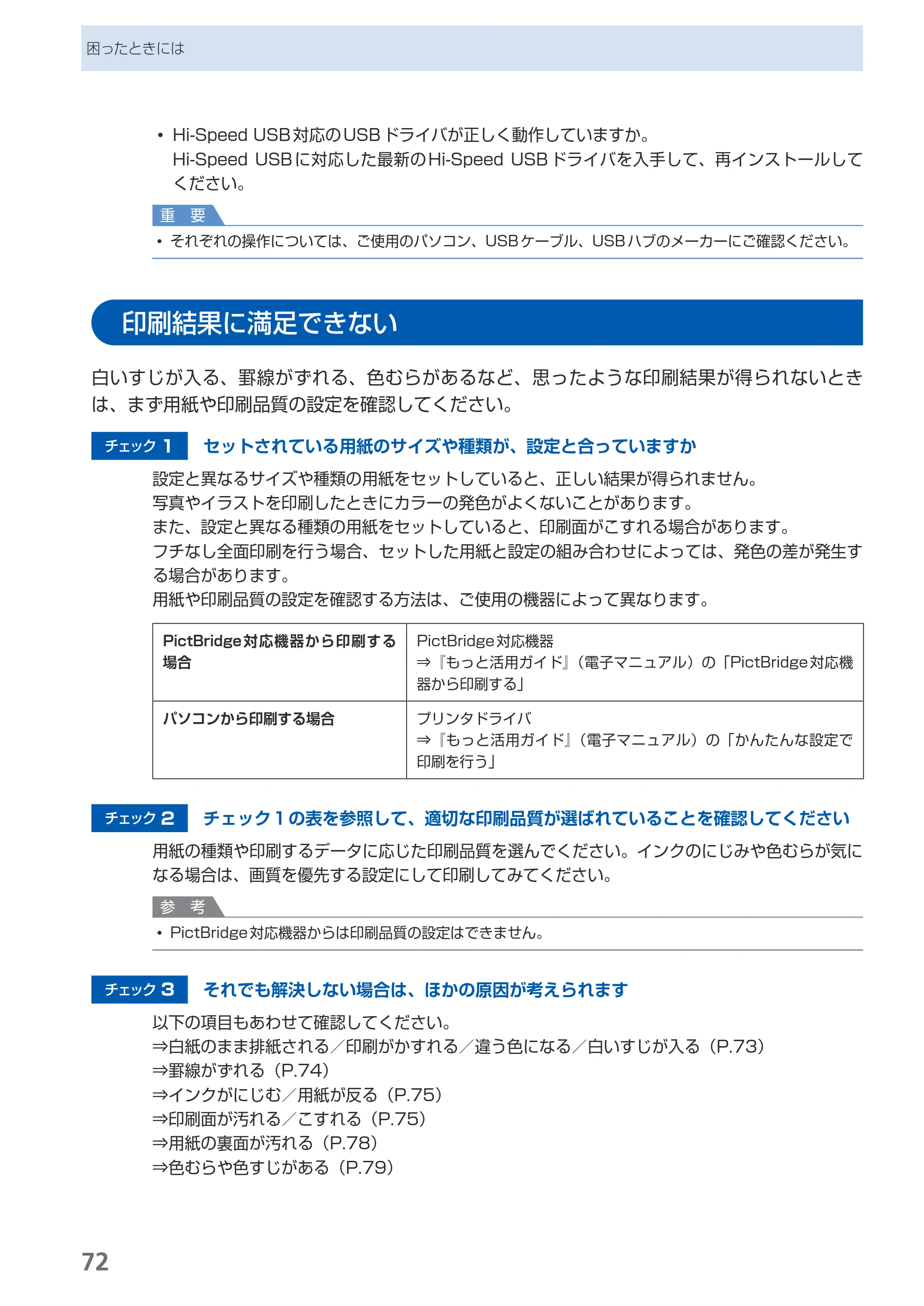 キヤノン PIXUS iP3600 基本操作ガイド （PDF形式／15.65Mバイト） — 印刷結果に満足できない — 原本ページ — 74ページ
