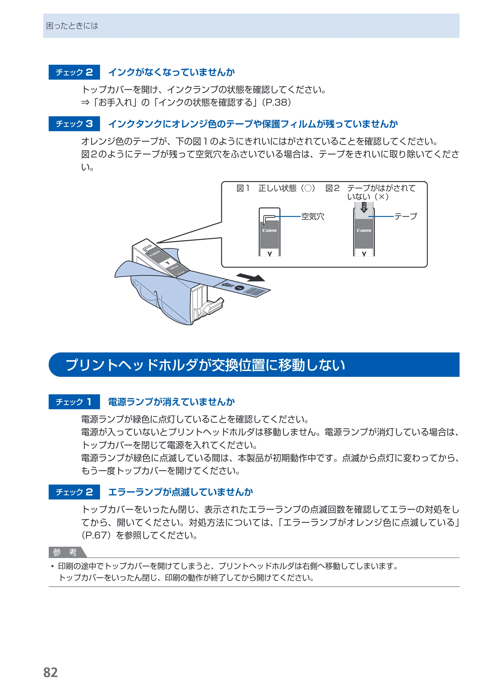 キヤノン PIXUS iP3600 基本操作ガイド （PDF形式／15.65Mバイト） — プリントヘッドホルダが交換位置に移動しない — 原本ページ — 84ページ