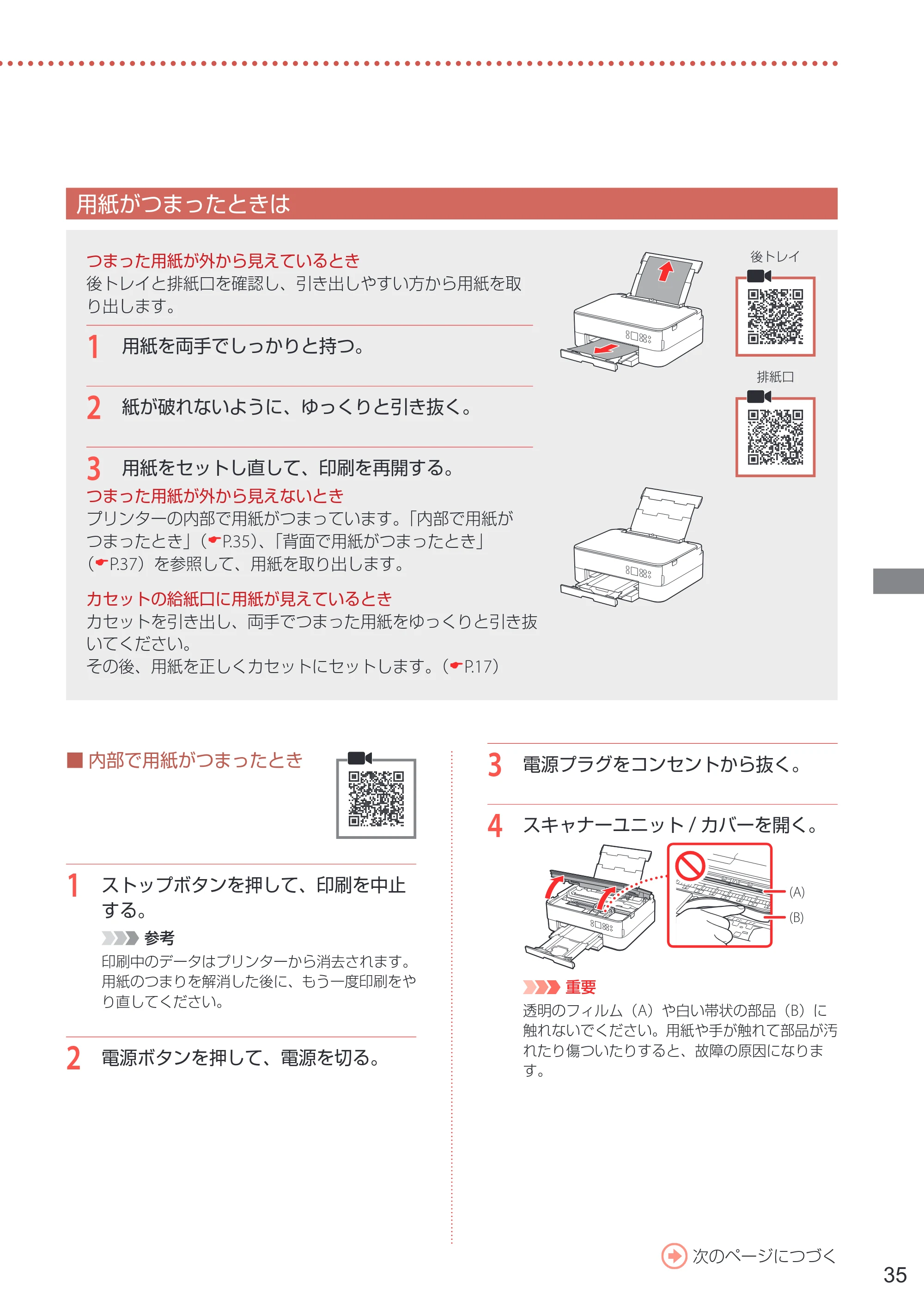 キヤノン PIXUS TS5430 設置・基本操作マニュアル 2021年10月27日掲載 （PDF：6.32MB） — 用紙がつまったときは — 原本ページ — 37ページ