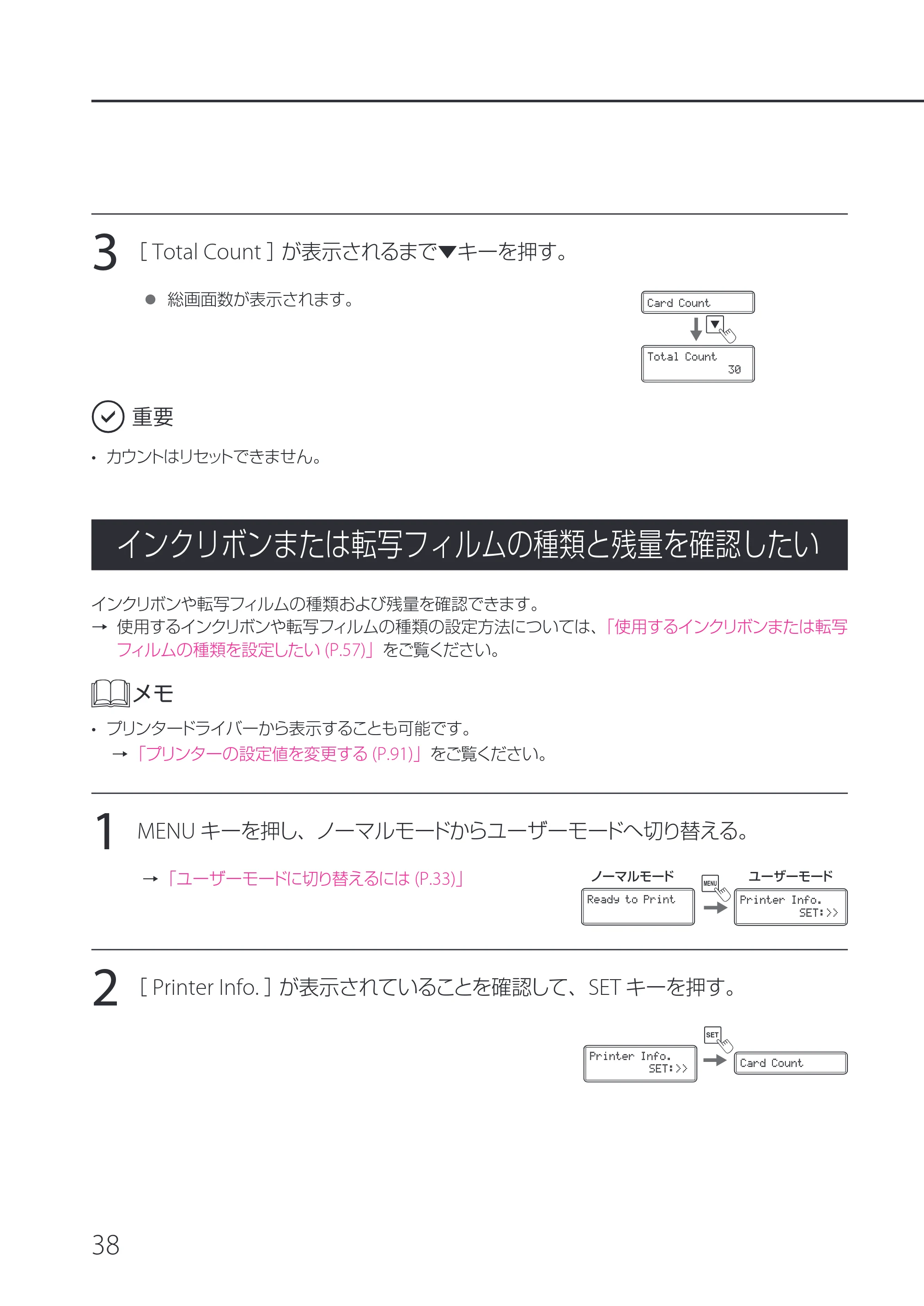 キヤノン IX-R7000 IX-R7000 操作ガイド 2026年9月17日更新（PDF：7.46MB） — インクリボンまたは転写フィルムの種類と残量を確認したい — 原本ページ — 42ページ
