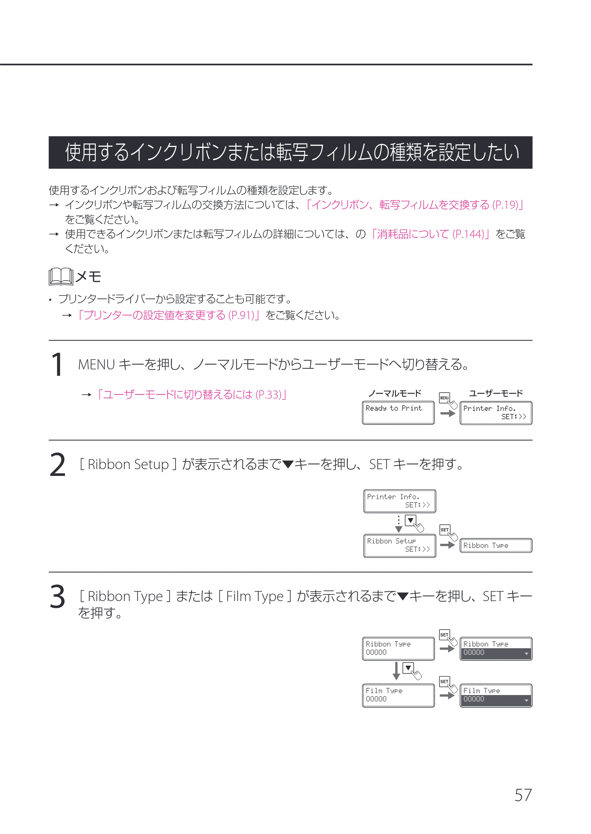 キヤノン IX-R7000 IX-R7000 操作ガイド 2026年9月17日更新(PDF:7.46MB) — 使用するインクリボンまたは転写フィルムの種類を設定したい — 原本ページ — 61ページ