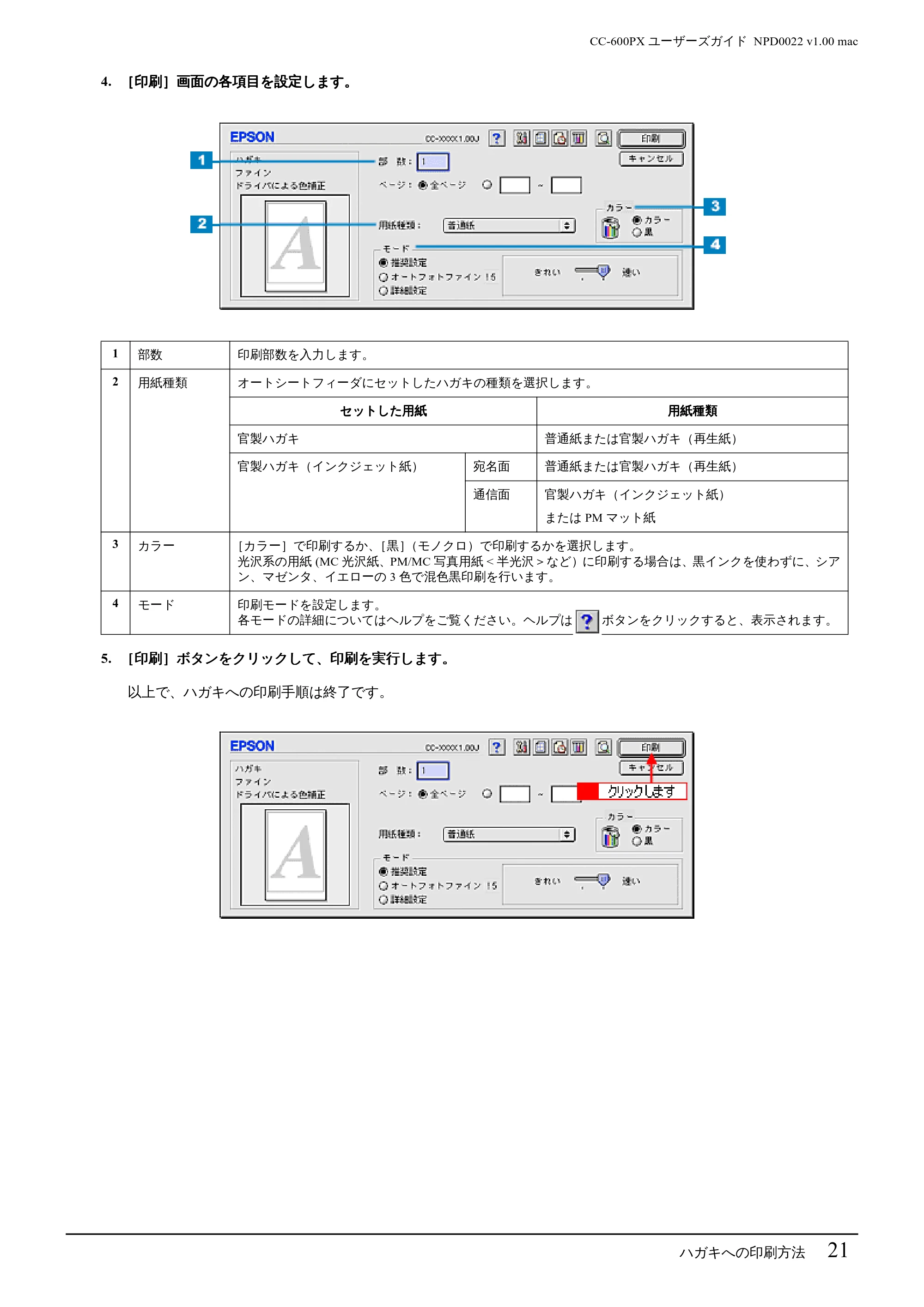 エプソン CC-600PX ユーザーズガイド for Macintosh — ハガキへの印刷方法 21 — 原本ページ — 21ページ