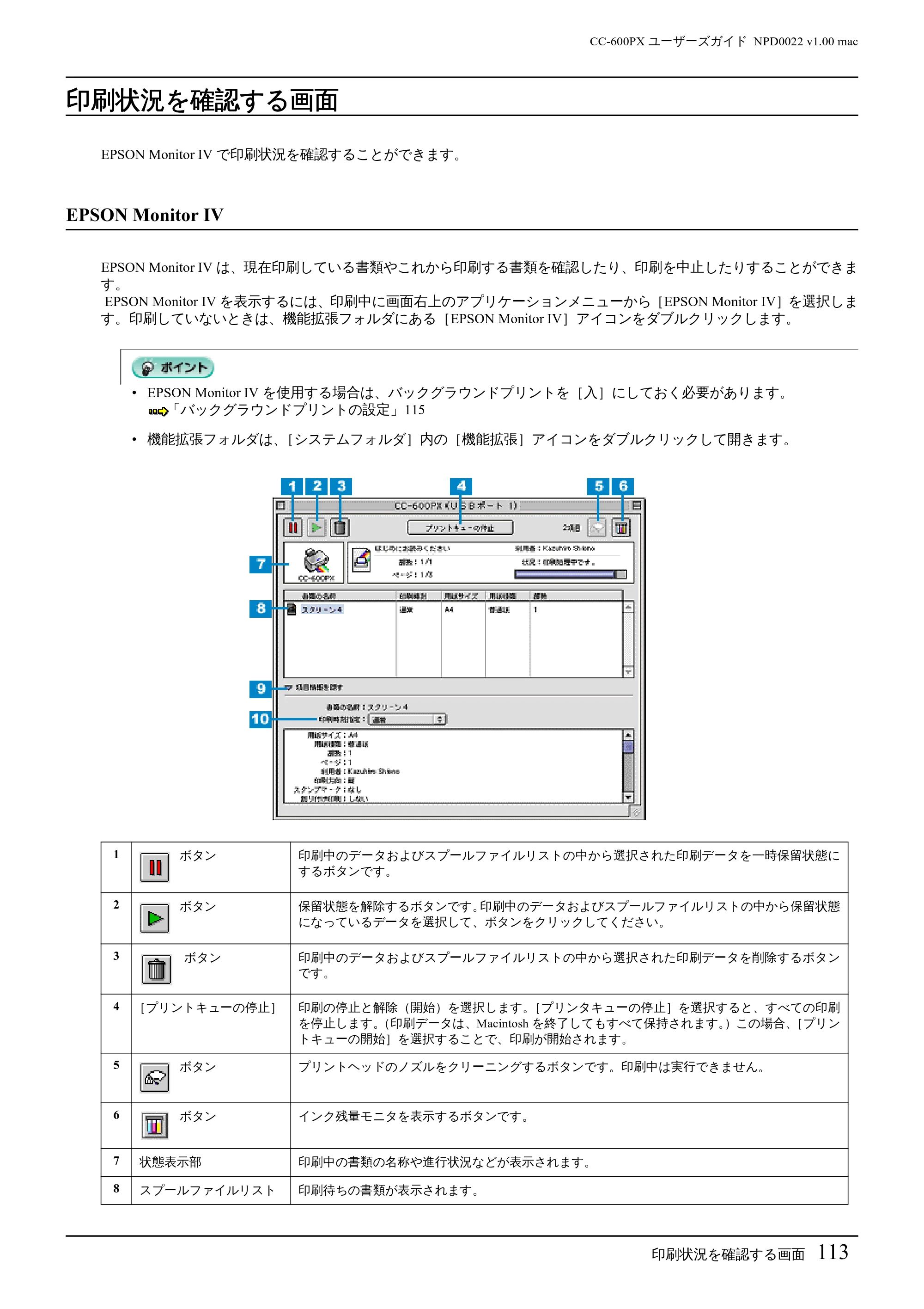 エプソン CC-600PX ユーザーズガイド for Macintosh — 印刷状況を確認する画面 — 原本ページ — 113ページ