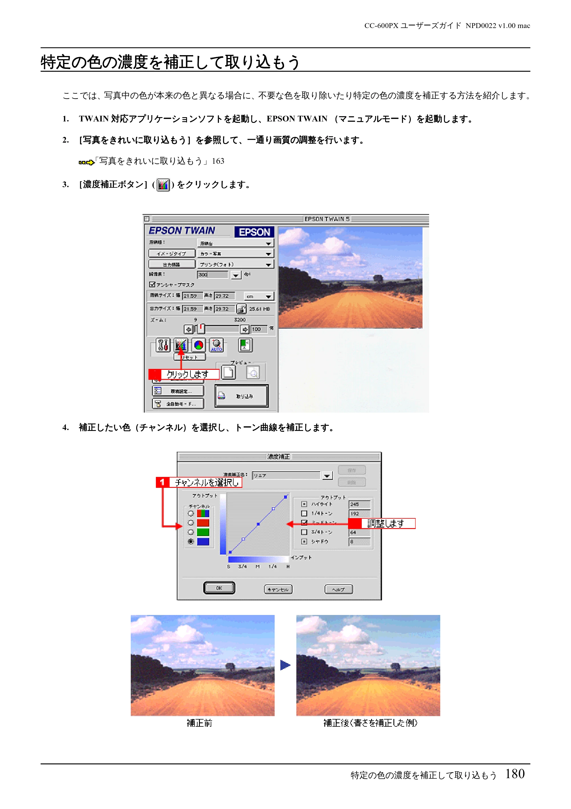 エプソン CC-600PX ユーザーズガイド for Macintosh — 特定の色の濃度を補正して取り込もう — 原本ページ — 180ページ