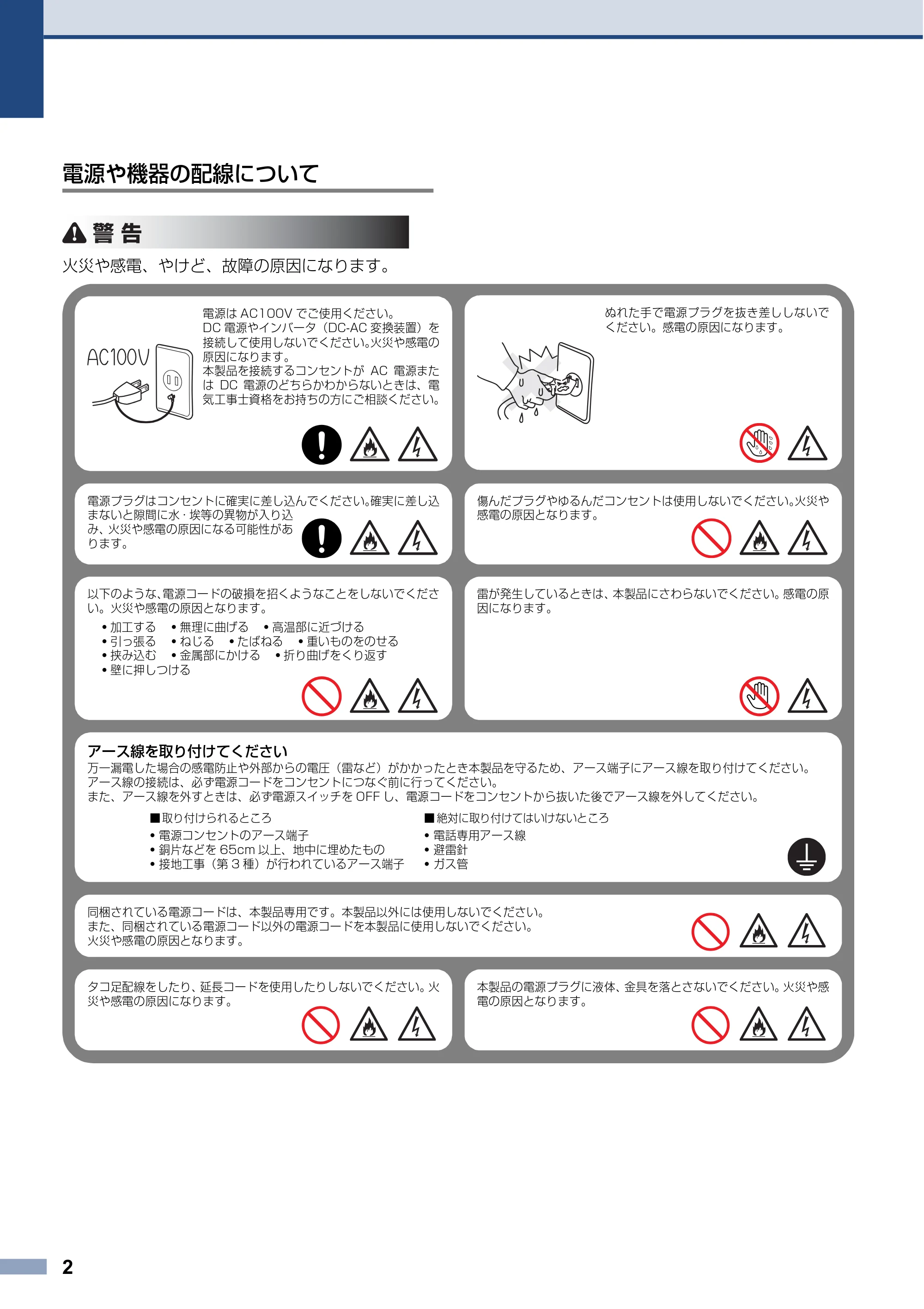 ブラザー HL-L3230CDW / MFC-L3770CDW 安全にお使いいただくために — 電源や機器の配線について — 原本ページ — 2ページ