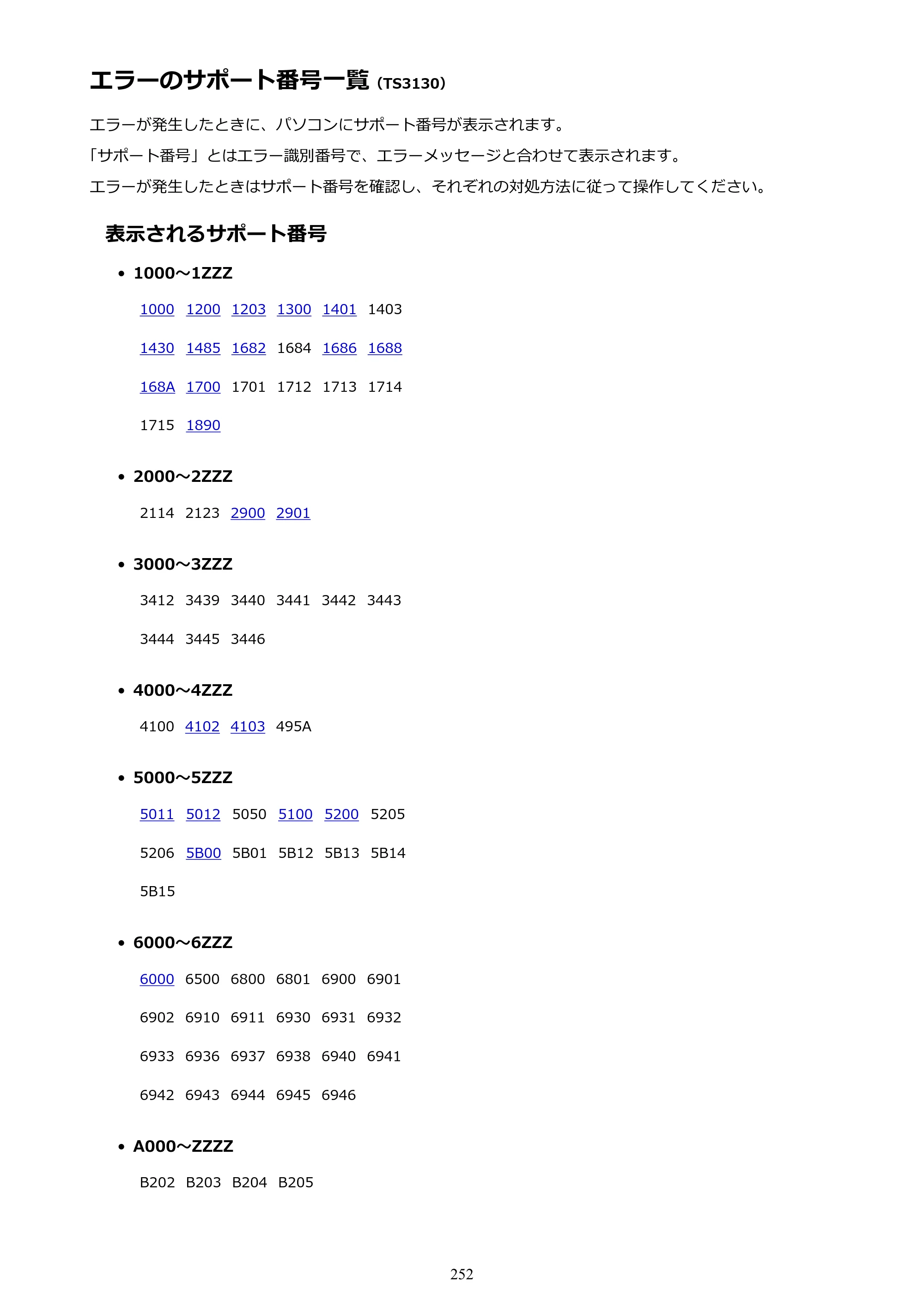 キヤノン PIXUS TS3130S/PIXUS TS3130 電子マニュアル PDF版（Mac版）（PDF：7.05MB） — エラーのサポート番号一覧 — 原本ページ — 252ページ