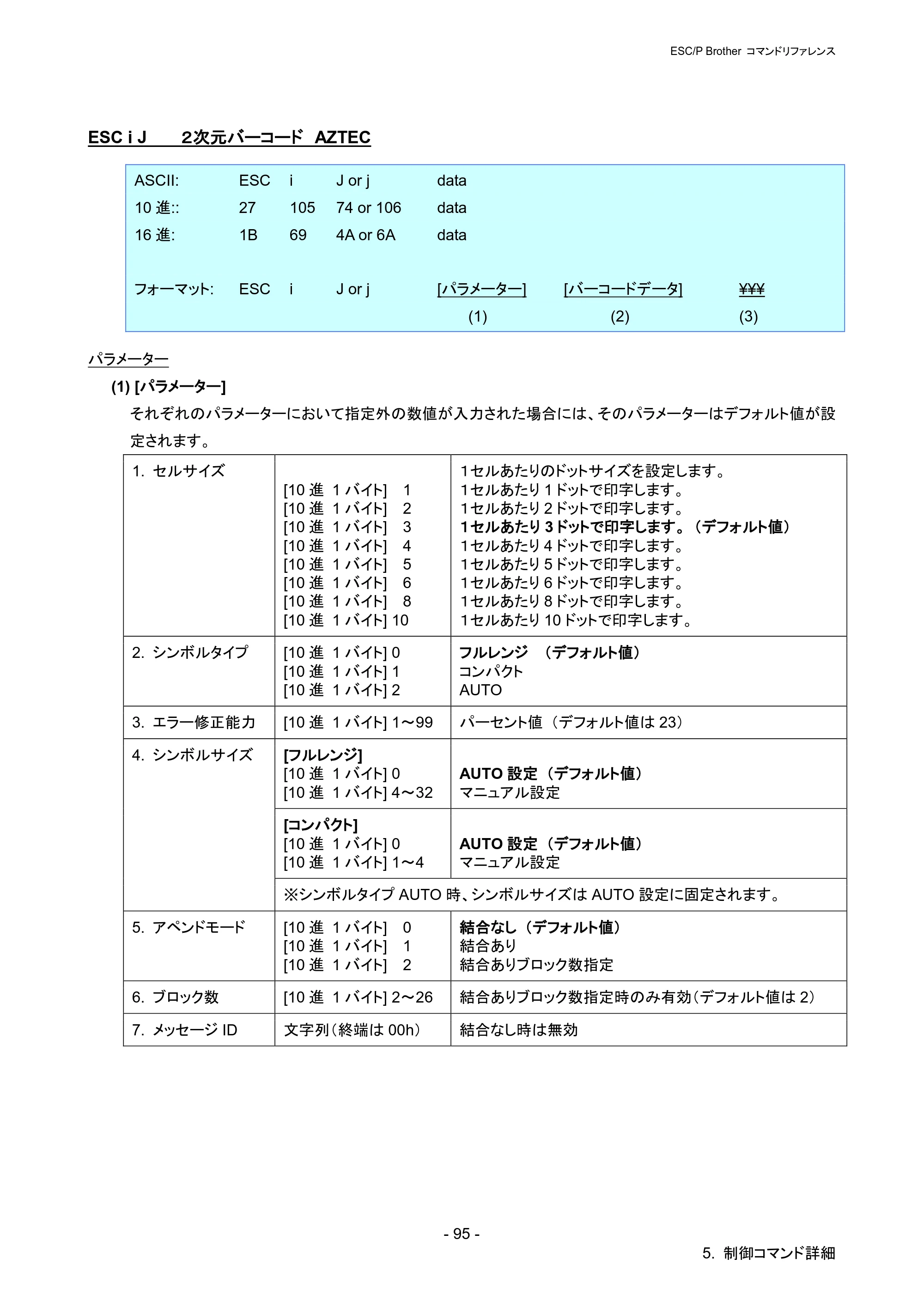 ブラザー PJ-723 / PJ-763 / PJ-763MFi ESC/ P Brother コマンドリファレンス — ESC i J ２次元バーコード AZTEC — 原本ページ — 101ページ