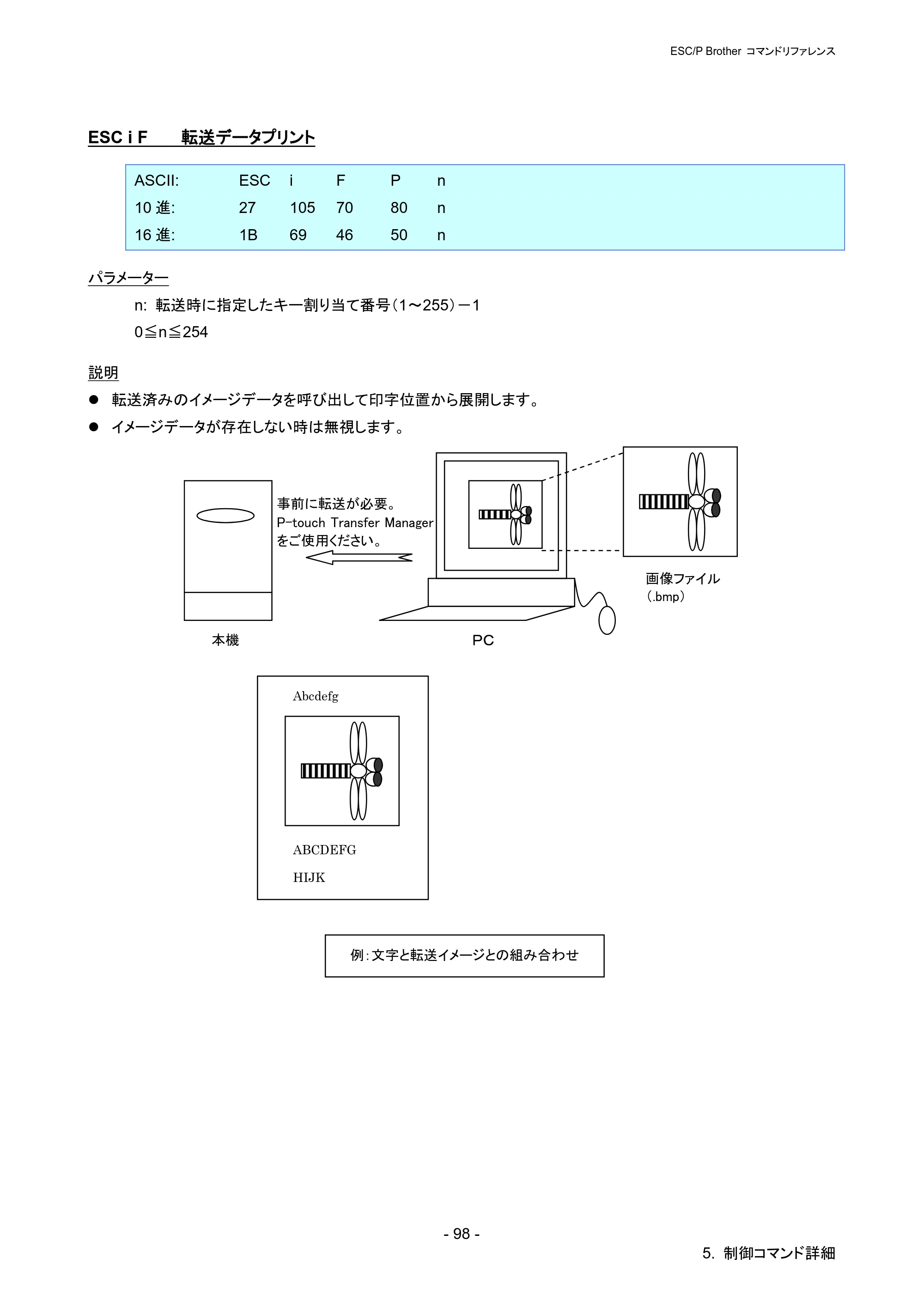 ブラザー PJ-723 / PJ-763 / PJ-763MFi ESC/ P Brother コマンドリファレンス — ESC i F 転送データプリント — 原本ページ — 104ページ