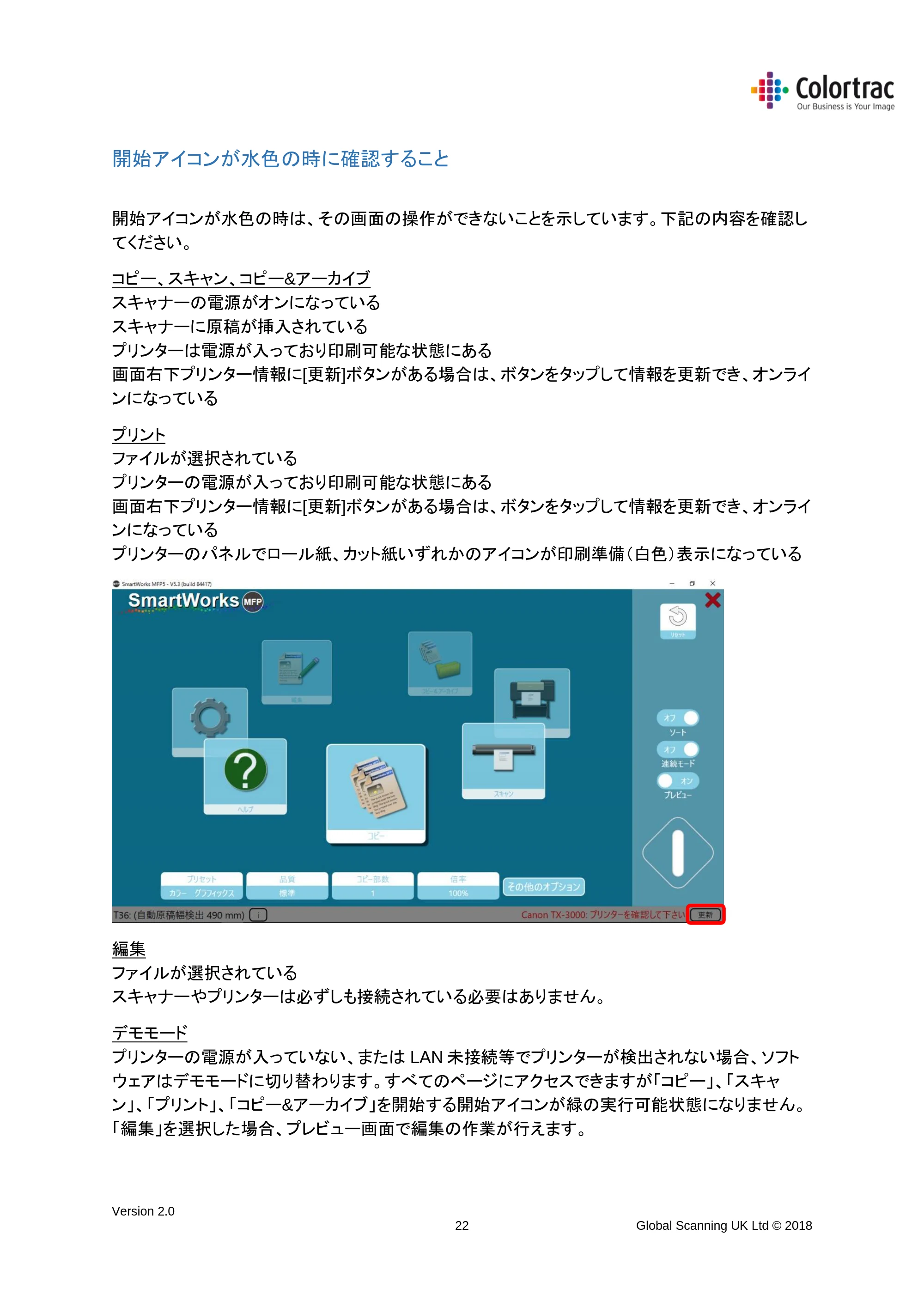 キヤノン TX-2000/TX-3000/TX-4000/TX-2000 MFP/TX-3000 MFP/TX-4000 MFP SmartWorks MFP5（ver.5.3用）取扱説明書 2019年8月22日掲載 （PDF形式／8.12Mバイト） — 開始アイコンが水色の時に確認すること — 原本ページ — 22ページ