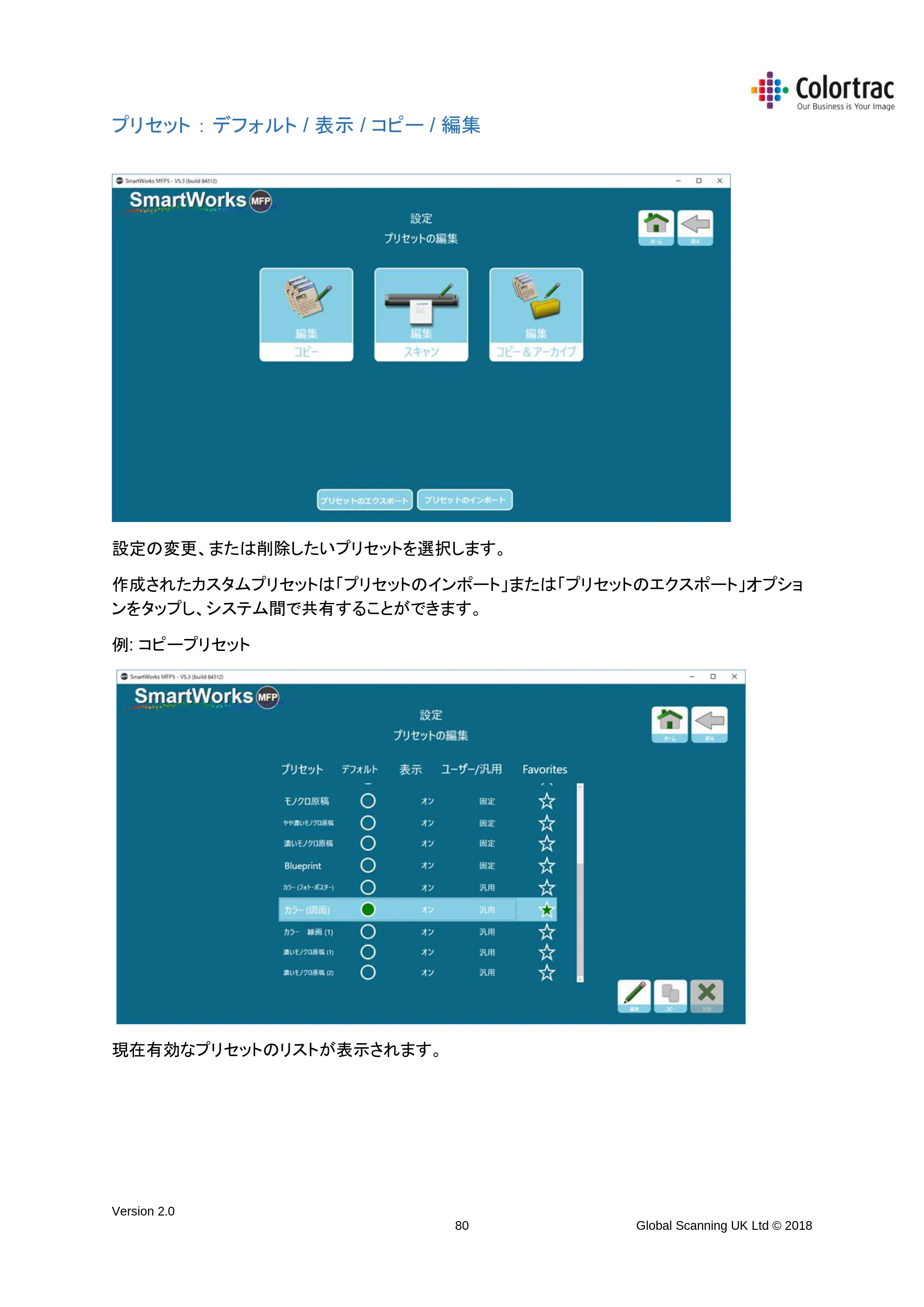 キヤノン TX-2000/TX-3000/TX-4000/TX-2000 MFP/TX-3000 MFP/TX-4000 MFP SmartWorks MFP5（ver.5.3用）取扱説明書 2019年8月22日掲載 （PDF形式／8.12Mバイト） — プリセット ： デフォルト / 表示 / コピー / 編集 — 原本ページ — 80ページ