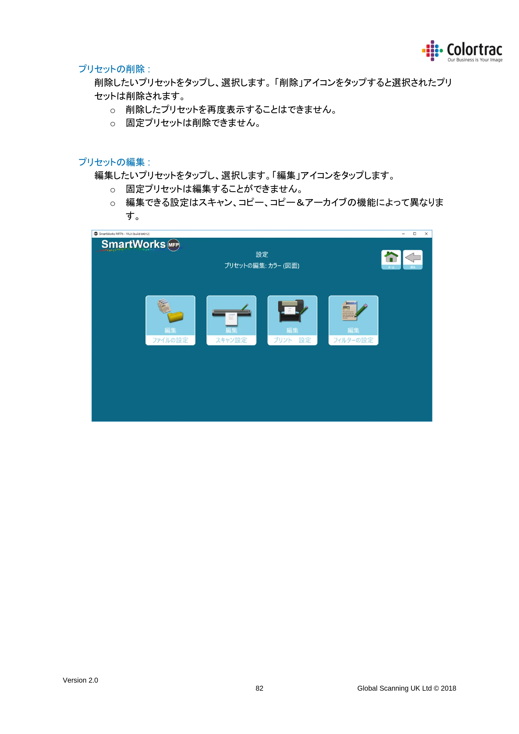 キヤノン TX-2000/TX-3000/TX-4000/TX-2000 MFP/TX-3000 MFP/TX-4000 MFP SmartWorks MFP5（ver.5.3用）取扱説明書 2019年8月22日掲載 （PDF形式／8.12Mバイト） — プリセットの削除 : — 原本ページ — 82ページ