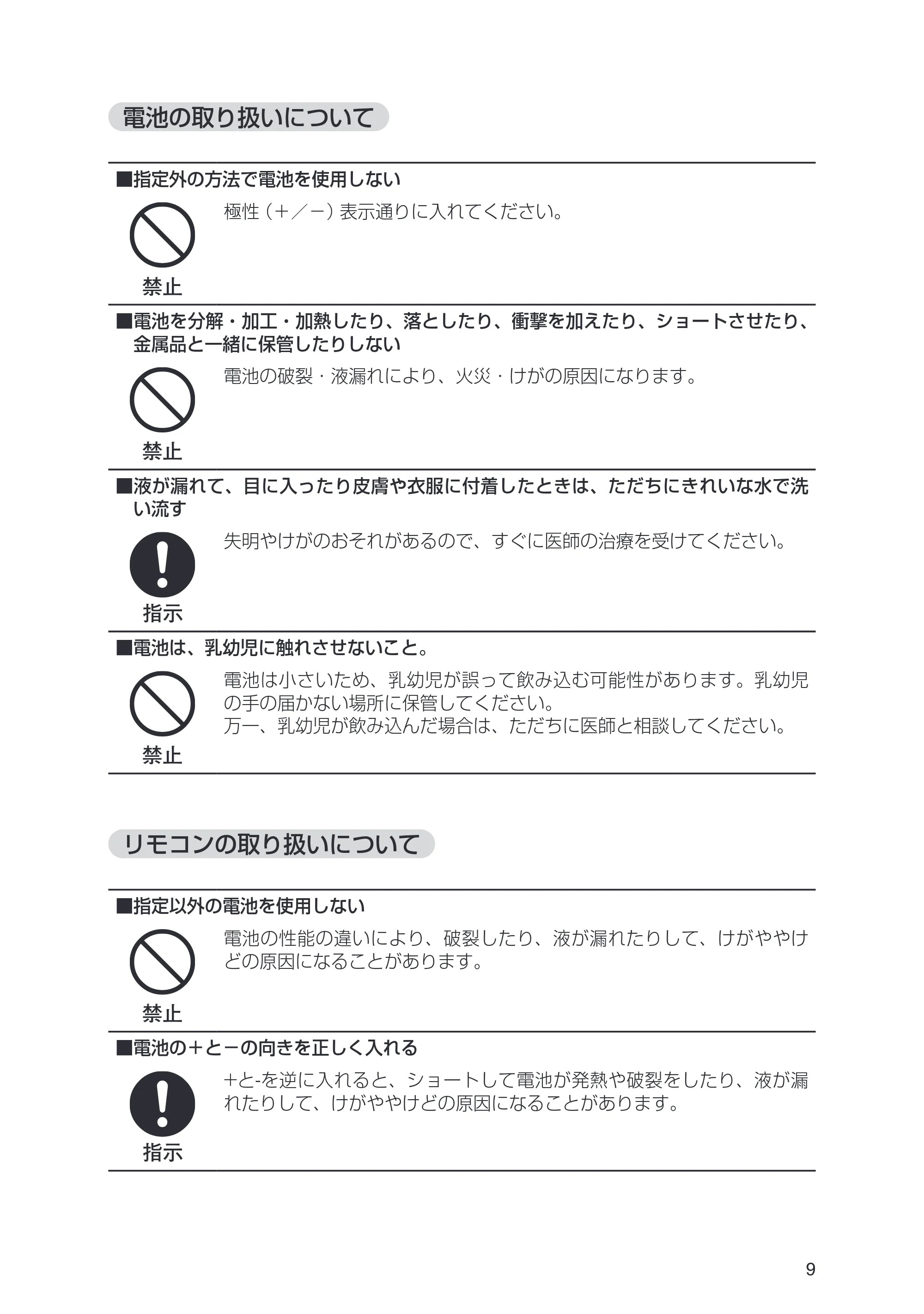 日立 HPF-A7 取扱説明書 — 電池の取り扱いについて — 原本ページ — 9ページ