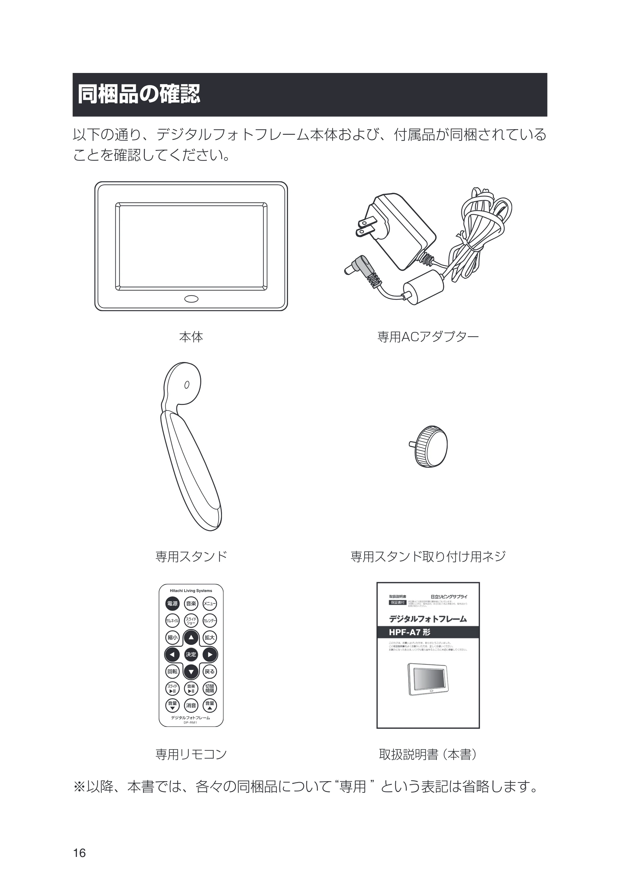 日立 HPF-A7 取扱説明書 — 同梱品の確認 — 原本ページ — 16ページ