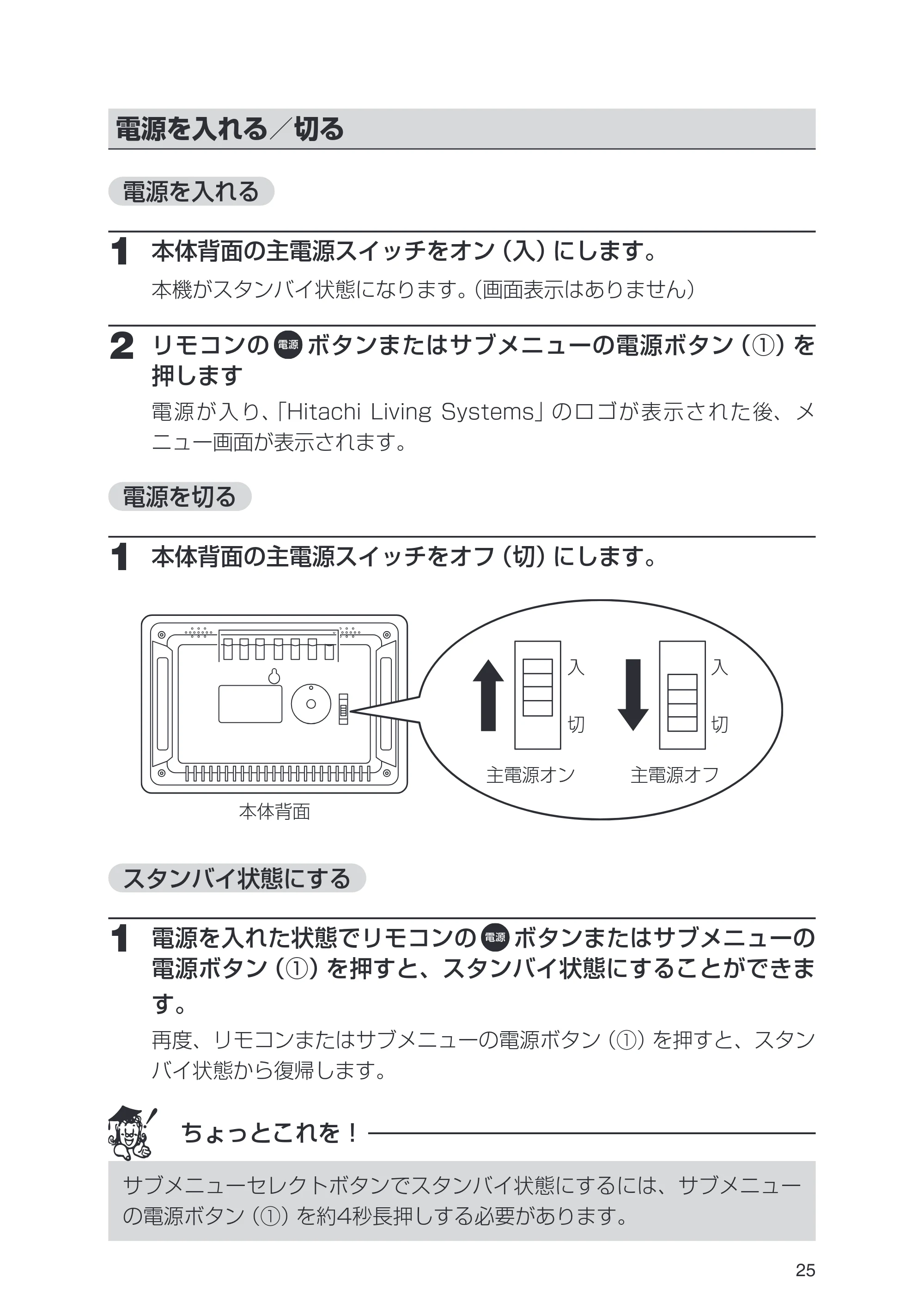 日立 HPF-A7 取扱説明書 — 電源を入れる/切る — 原本ページ — 25ページ