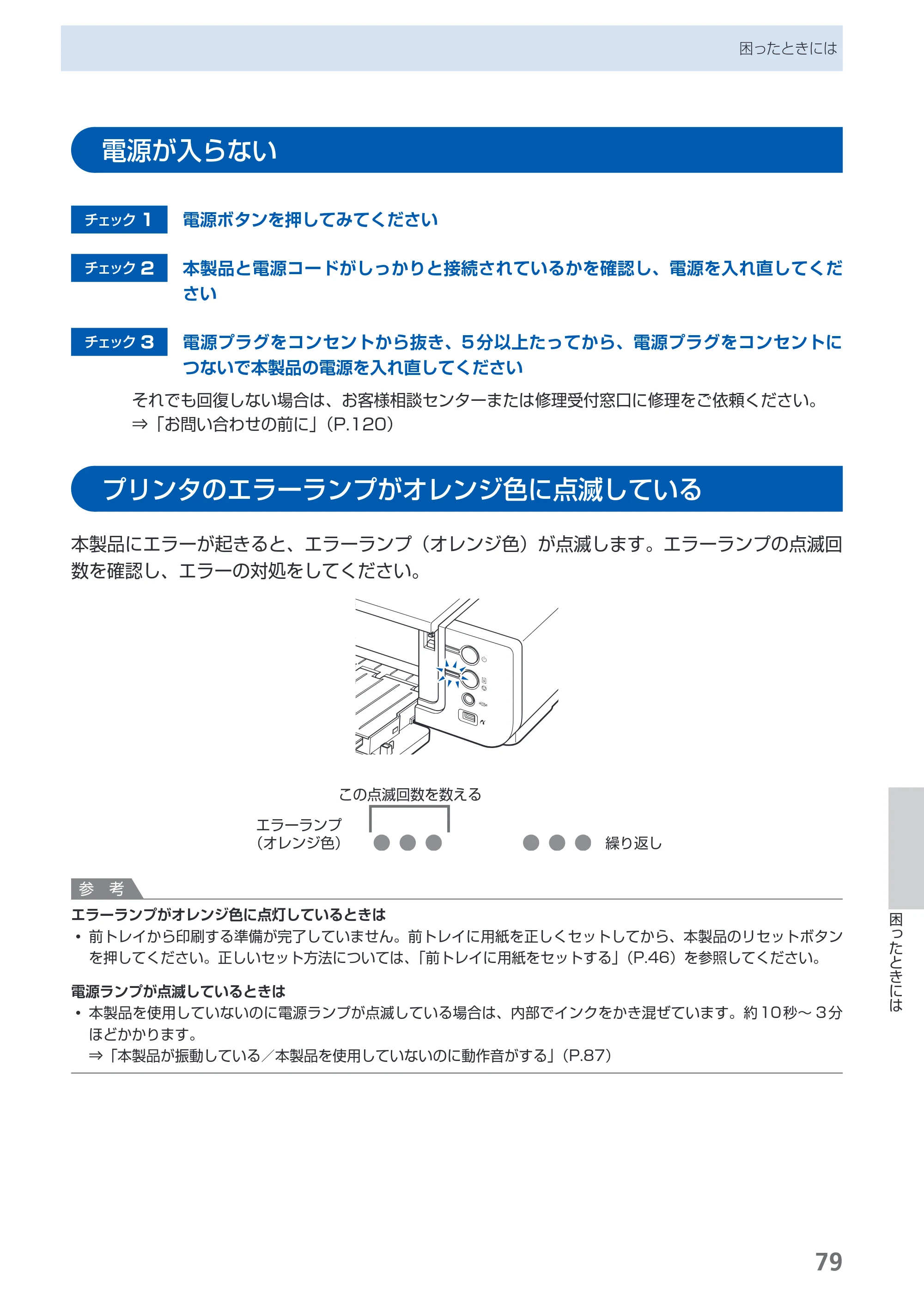 キヤノン PIXUS Pro9500 Mark II 基本操作ガイド （PDF形式／15.82Mバイト） — 電源が入らない — 原本ページ — 81ページ