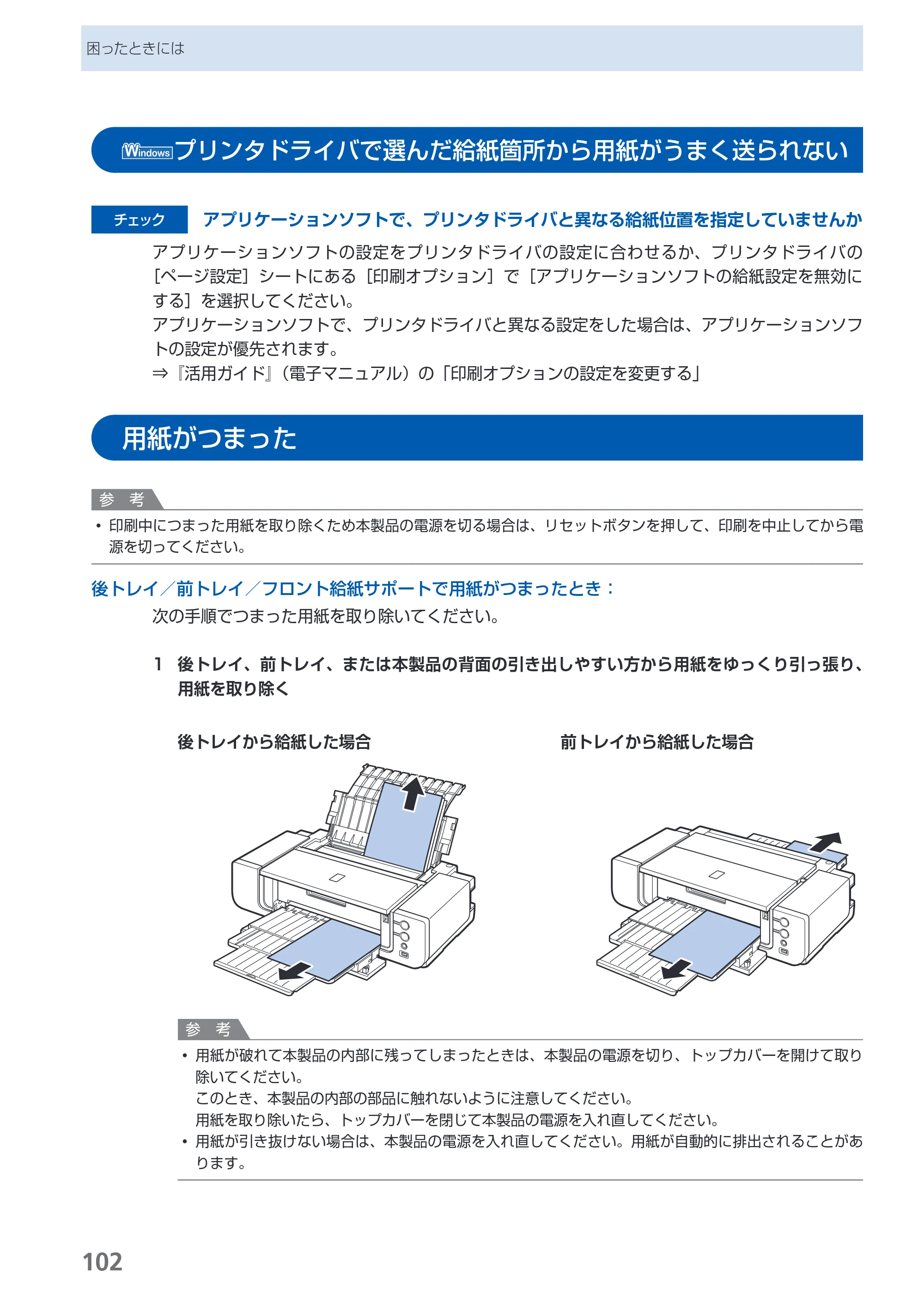 キヤノン PIXUS Pro9500 Mark II 基本操作ガイド （PDF形式／15.82Mバイト） — プリンタドライバで選んだ給紙箇所から用紙がうまく送られない — 原本ページ — 104ページ