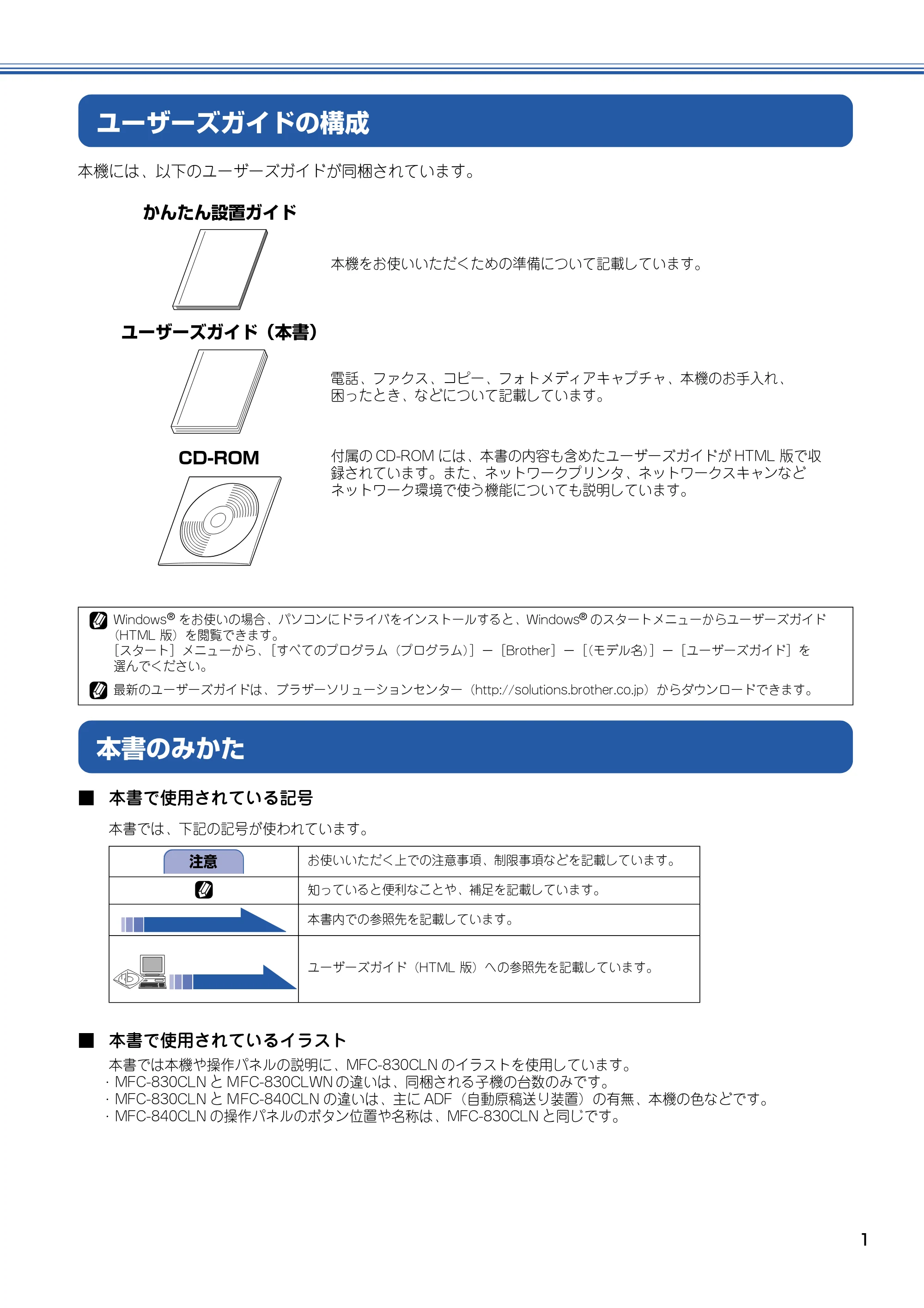 ブラザー MFC-830CLN / MFC-830CLWN / MFC-840CLN 取扱説明書(本体) — ユーザーズガイドの構成 — 原本ページ — 2ページ