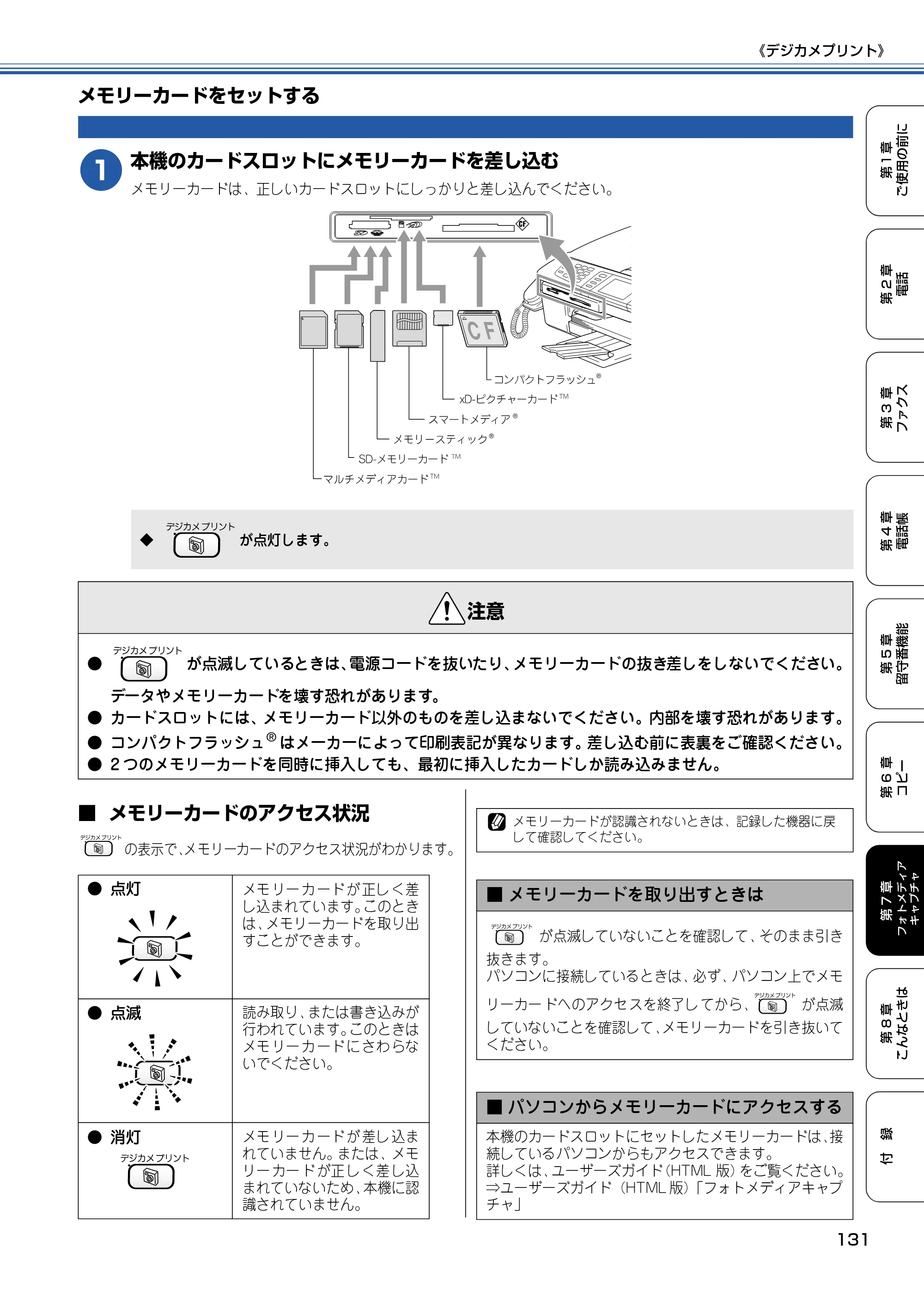 ブラザー MFC-830CLN / MFC-830CLWN / MFC-840CLN 取扱説明書（本体） — メモリーカードをセットする — 原本ページ — 132ページ