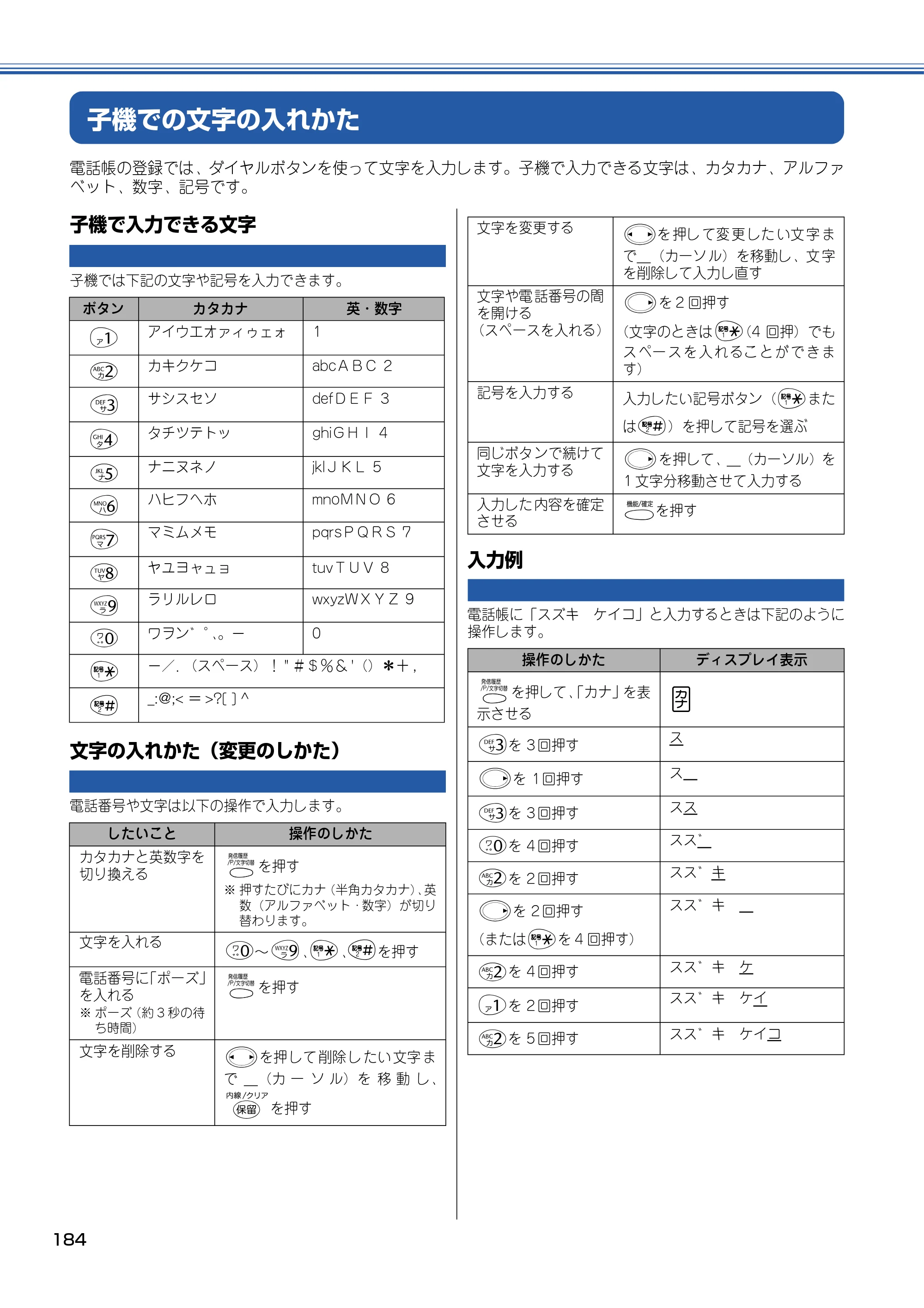ブラザー MFC-830CLN / MFC-830CLWN / MFC-840CLN 取扱説明書（本体） — 子機での文字の入れかた — 原本ページ — 185ページ