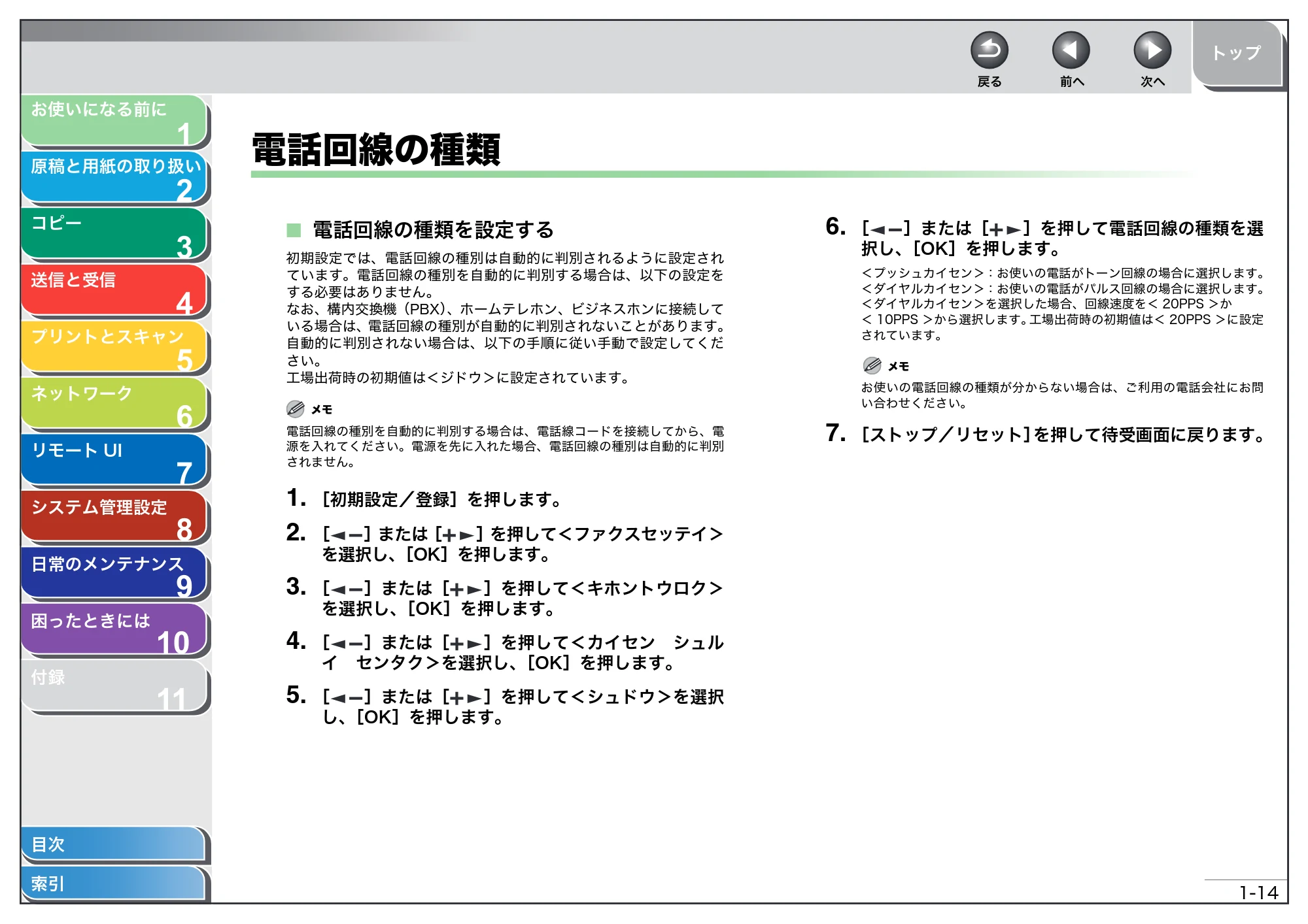 キヤノン MF4270 操作ガイド（総合編） （PDF形式／11.49Mバイト） — 電話回線の種類 — 原本ページ — 33ページ