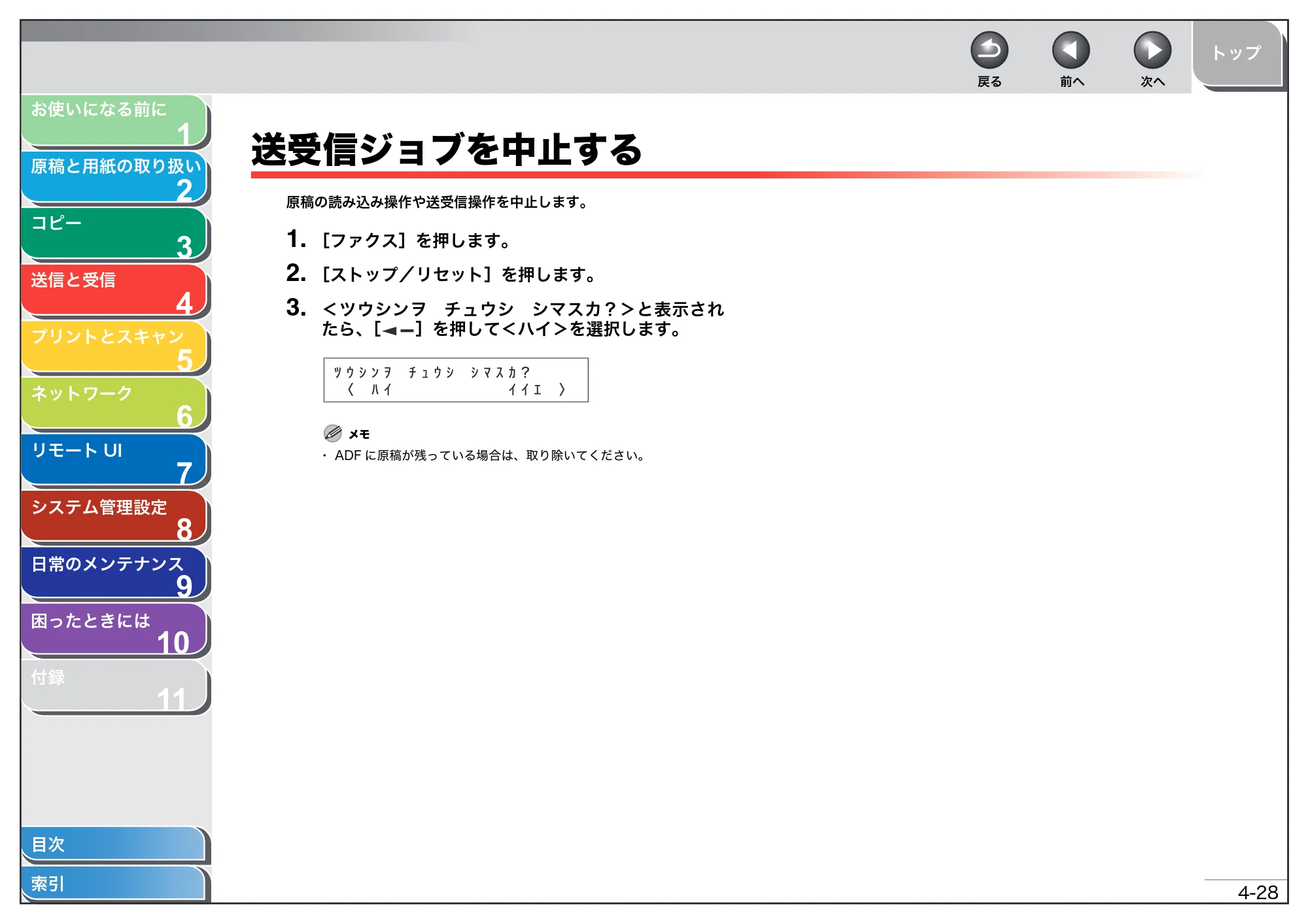キヤノン MF4270 操作ガイド(総合編) (PDF形式/11.49Mバイト) — 送受信ジョブを中止する — 原本ページ — 83ページ