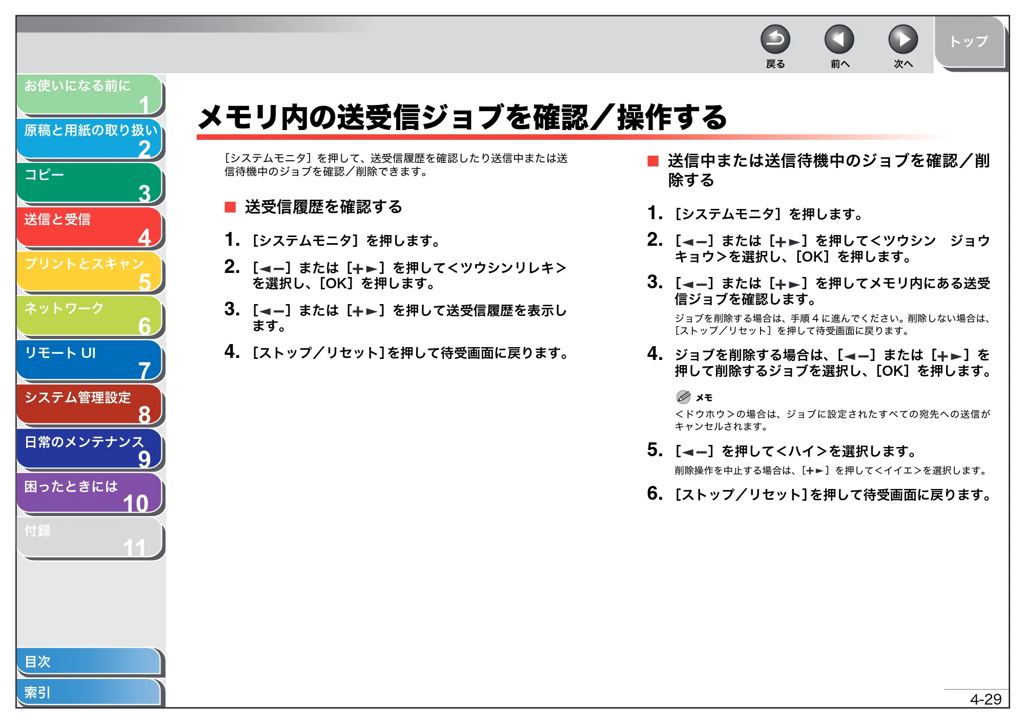 キヤノン MF4270 操作ガイド(総合編) (PDF形式/11.49Mバイト) — メモリ内の送受信ジョブを確認/操作する — 原本ページ — 84ページ