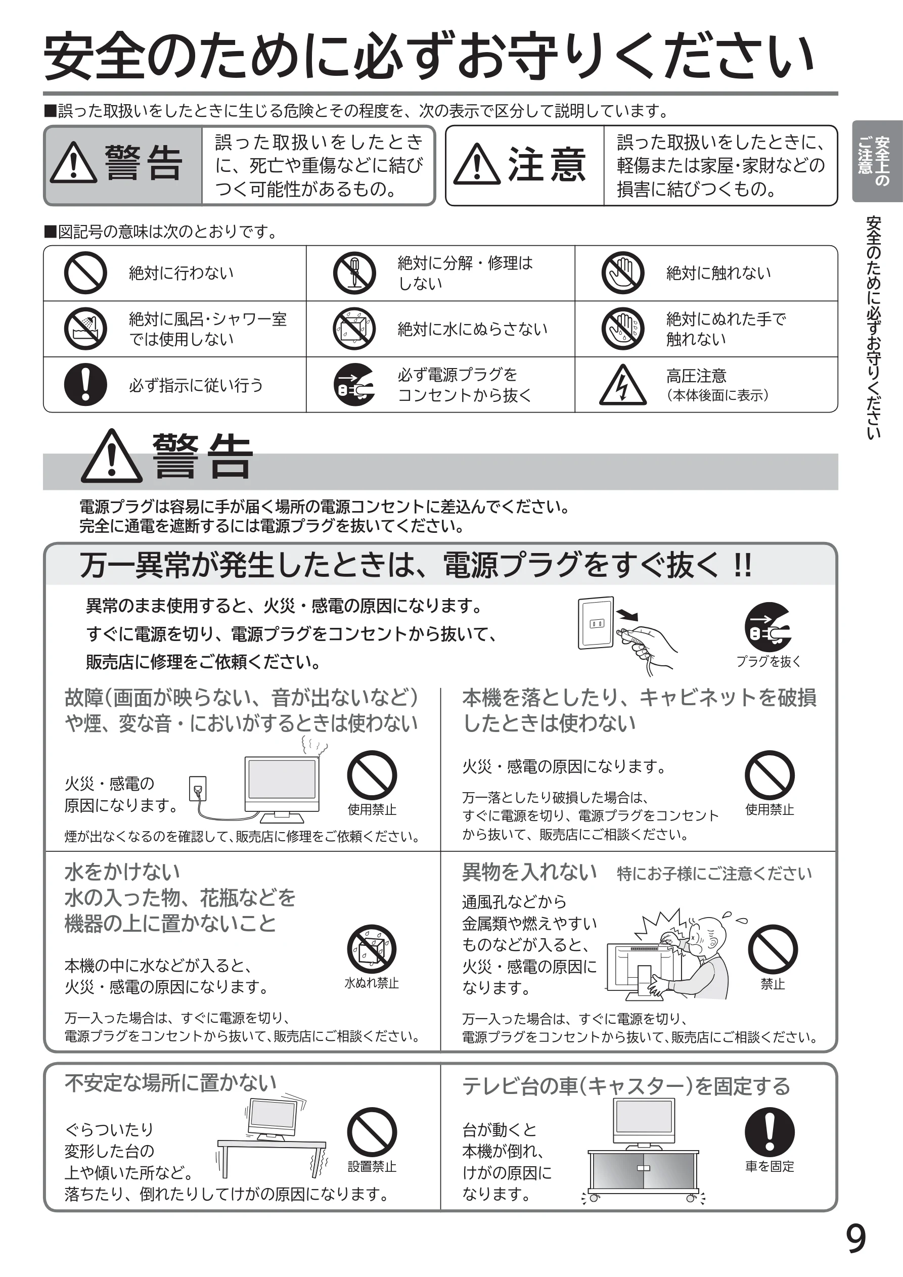 日立 L43-GP35 / L32-GP35 取扱説明書 — 安全上のご注意 — 図版 9-1 — 9ページ