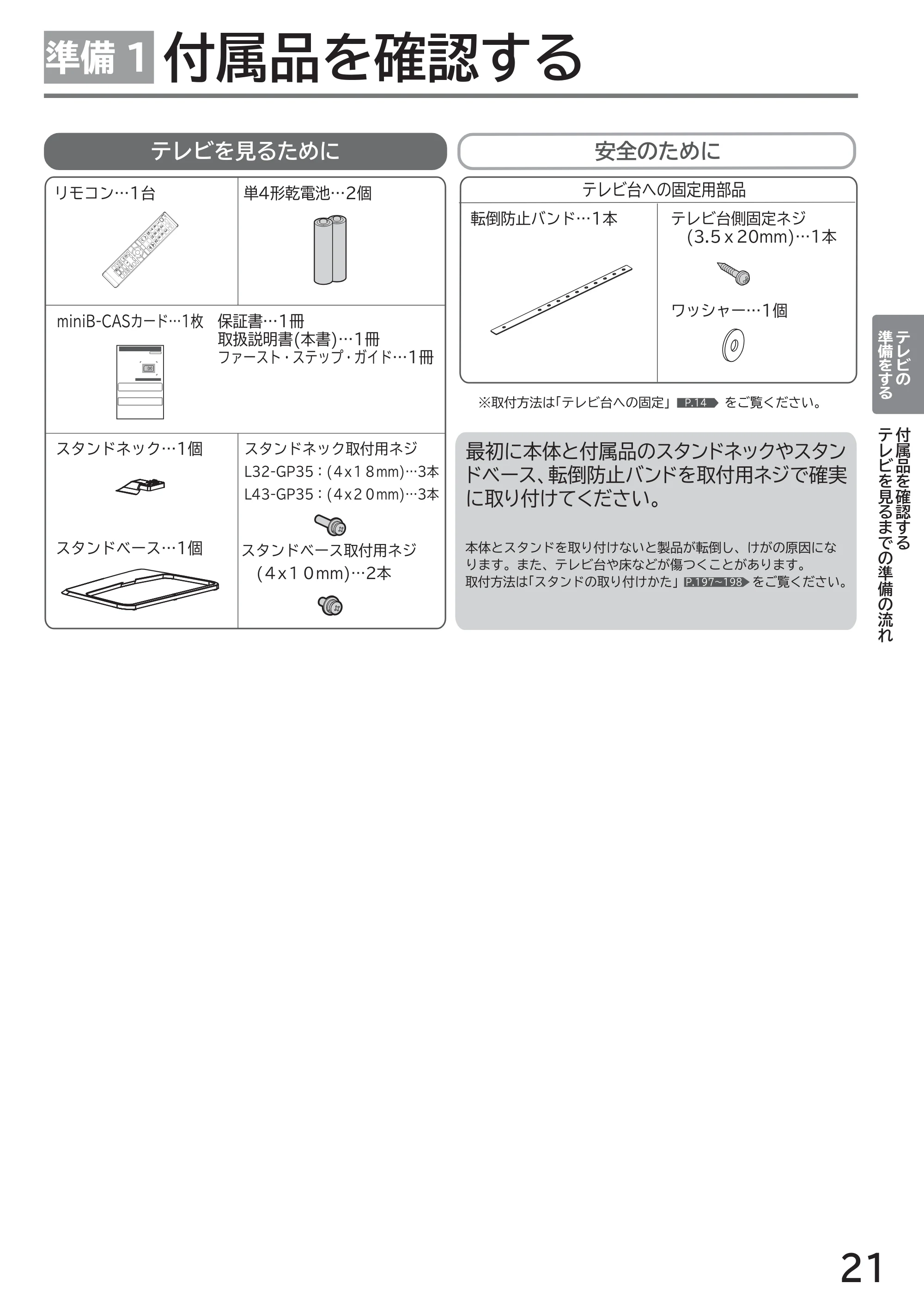 日立 L43-GP35 / L32-GP35 取扱説明書 — 準備 1 付属品を確認する — 原本ページ — 21ページ