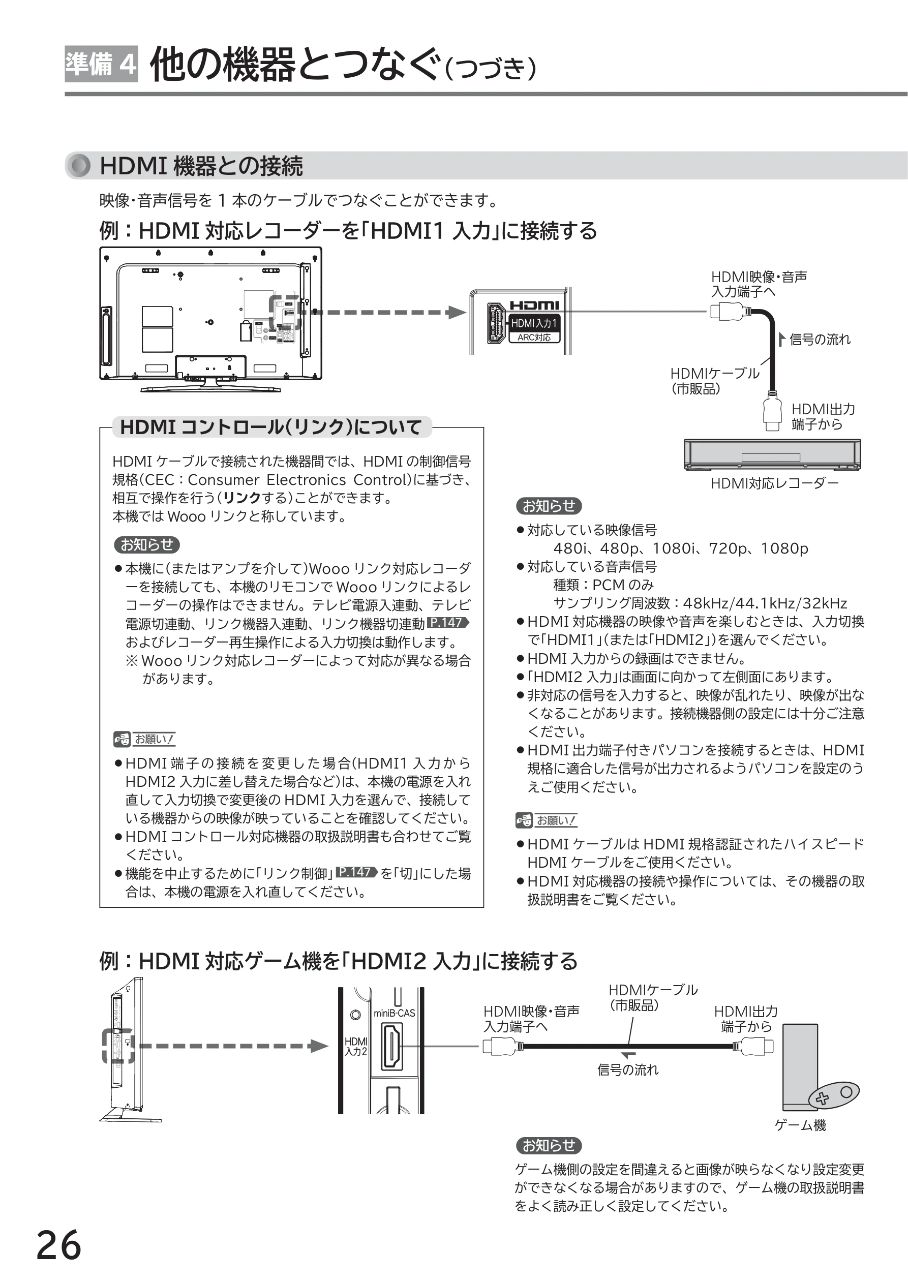 日立 L43-GP35 / L32-GP35 取扱説明書 — 他の機器とつなぐ(つづき) 準備4 — 図版 26-1 — 26ページ