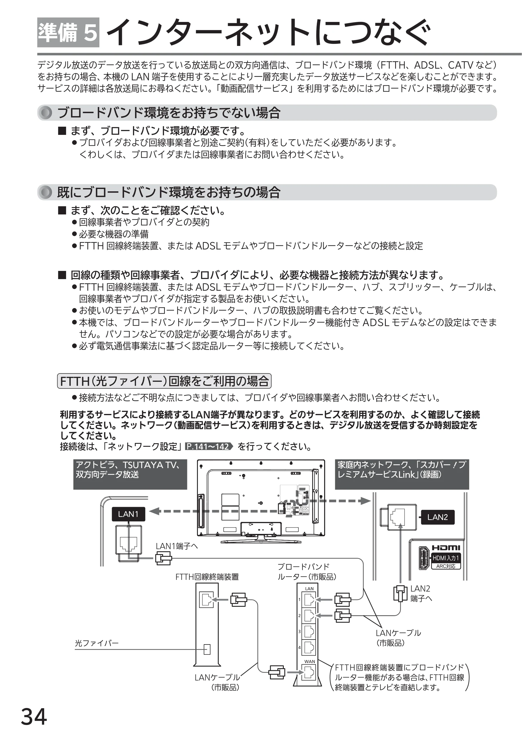 日立 L43-GP35 / L32-GP35 取扱説明書 — 準備 5 インターネットにつなぐ — 図版 34-1 — 34ページ