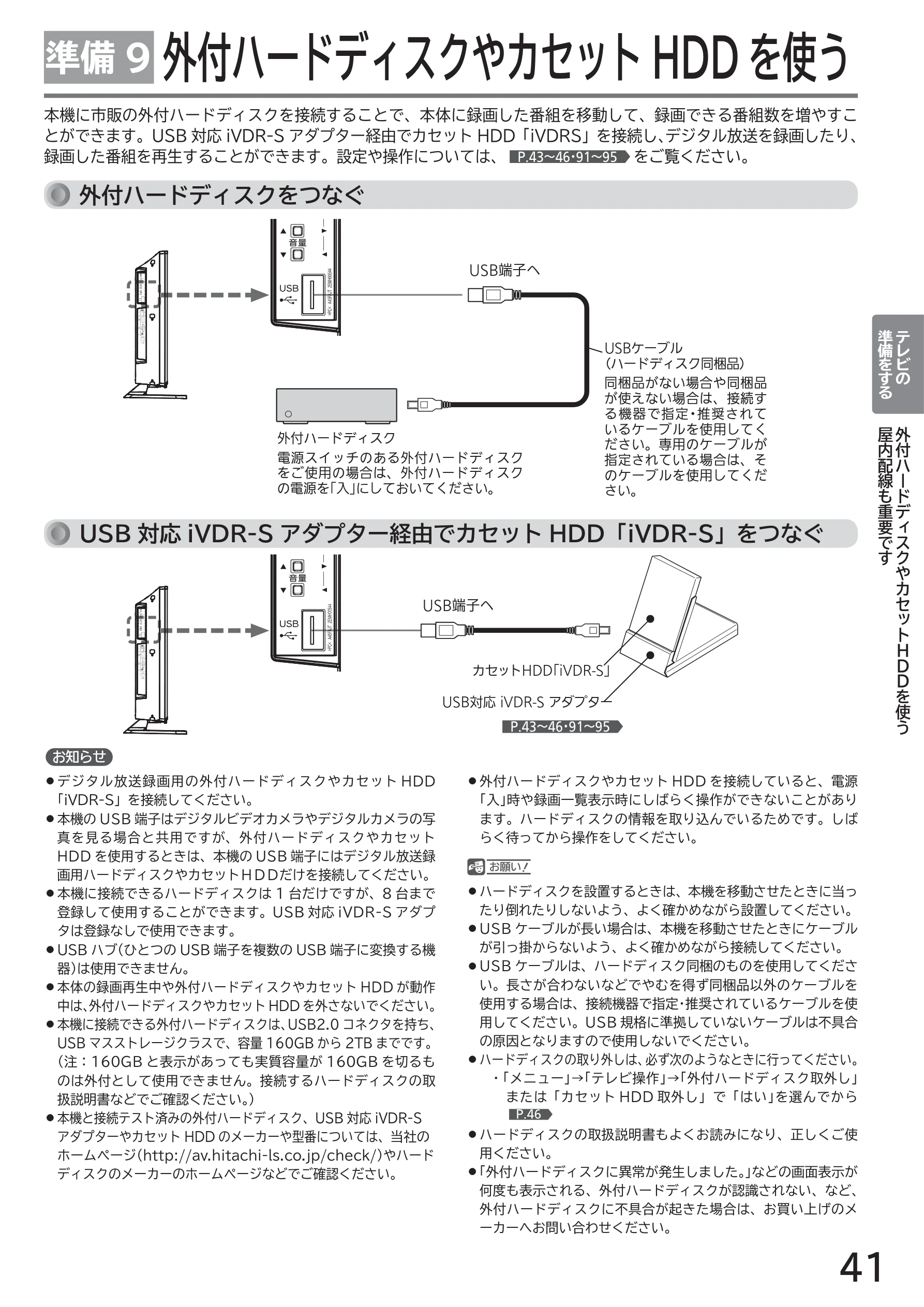 日立 L43-GP35 / L32-GP35 取扱説明書 — 準備 9 外付ハードディスクやカセットHDD を使う — 図版 41-1 — 41ページ
