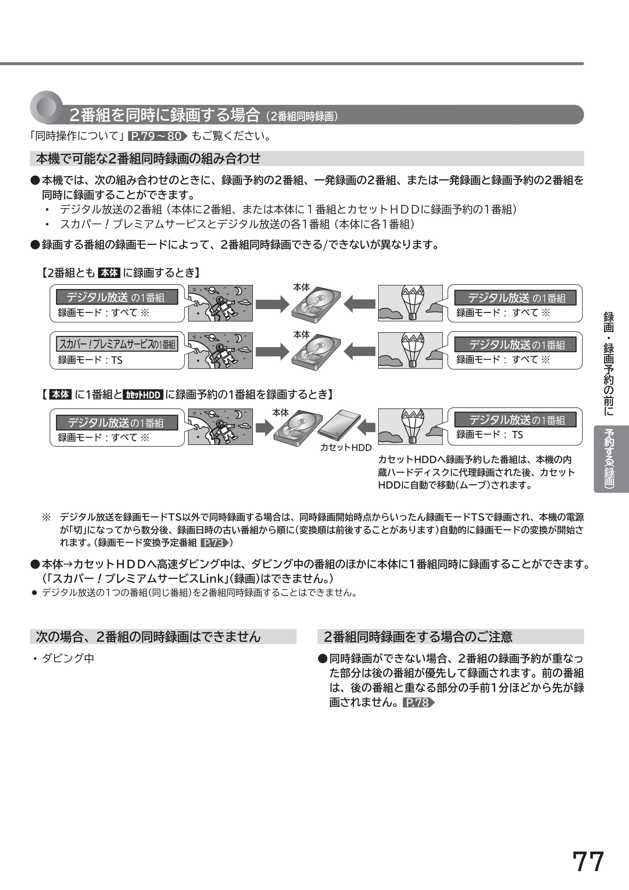 日立 L43-GP35 / L32-GP35 取扱説明書 — 2番組を同時に録画する場合 （2番組同時録画） — 原本ページ — 77ページ