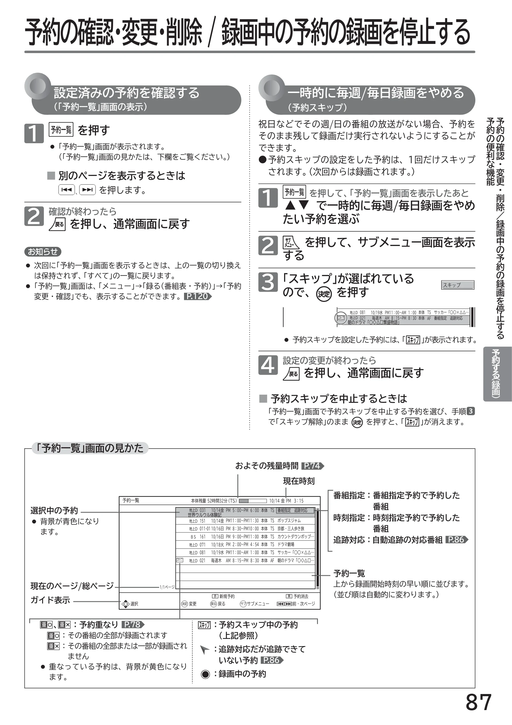 日立 L43-GP35 / L32-GP35 取扱説明書 — 予約の確認・変更・削除 / 録画中の予約の録画を停止する — 図版 87-1 — 87ページ