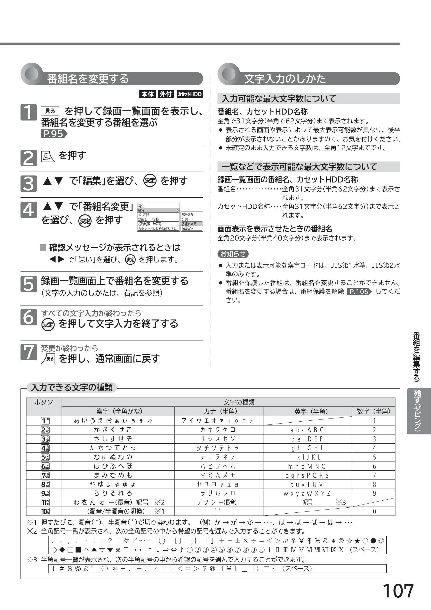 日立 L43-GP35 / L32-GP35 取扱説明書 — 番組名を変更する — 図版 107-1 — 107ページ