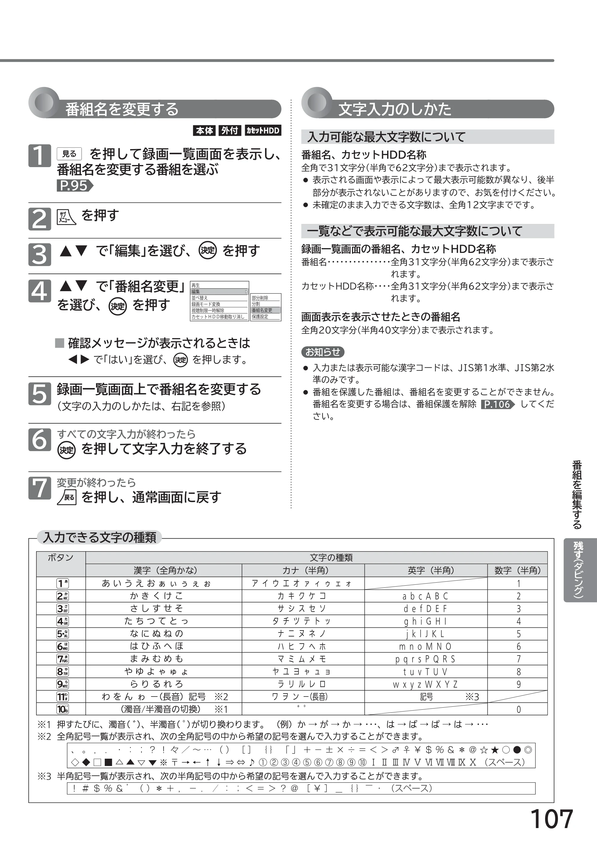 日立 L43-GP35 / L32-GP35 取扱説明書 — 番組名を変更する — 原本ページ — 107ページ
