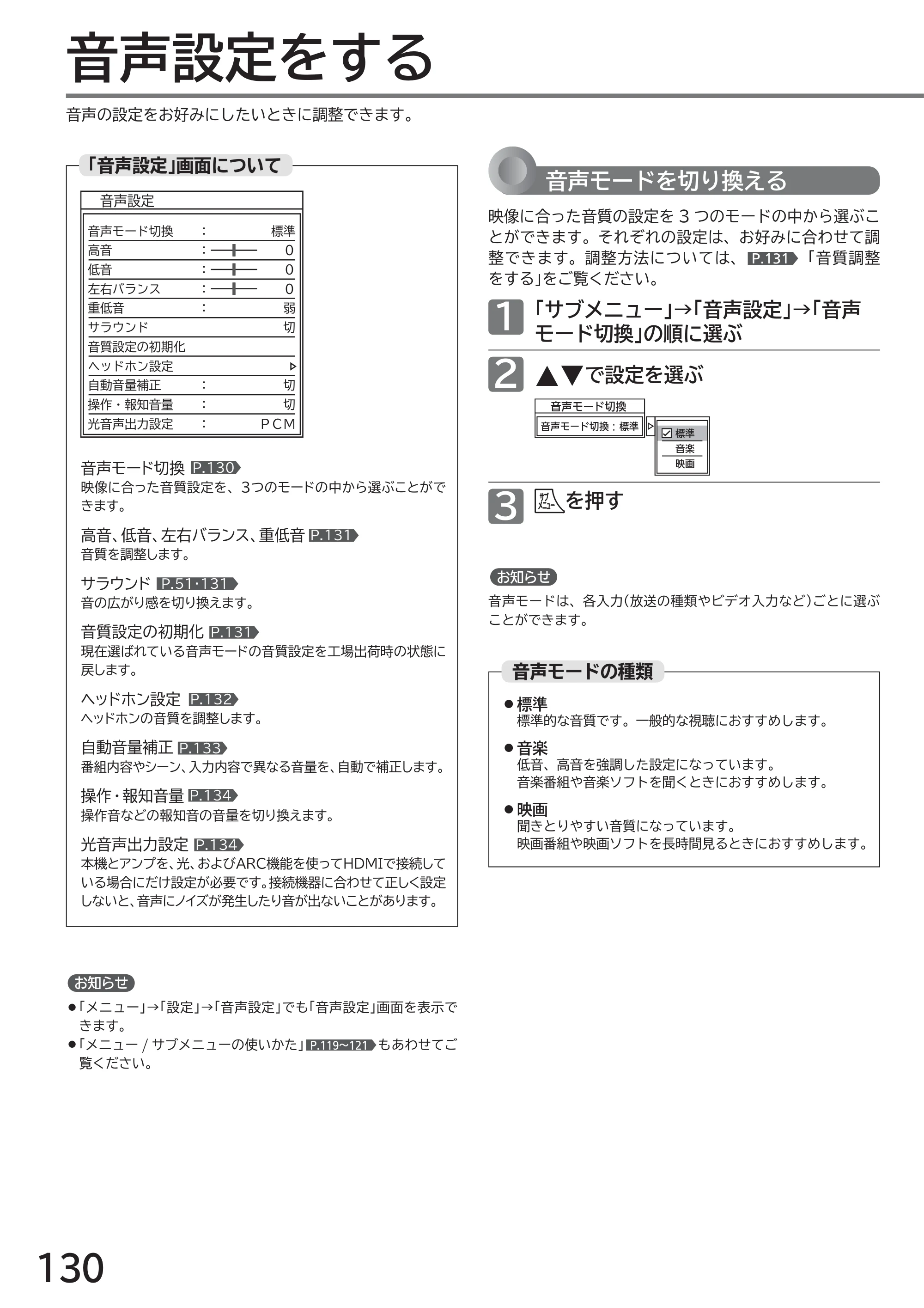 日立 L43-GP35 / L32-GP35 取扱説明書 — 音声設定をする — 原本ページ — 130ページ