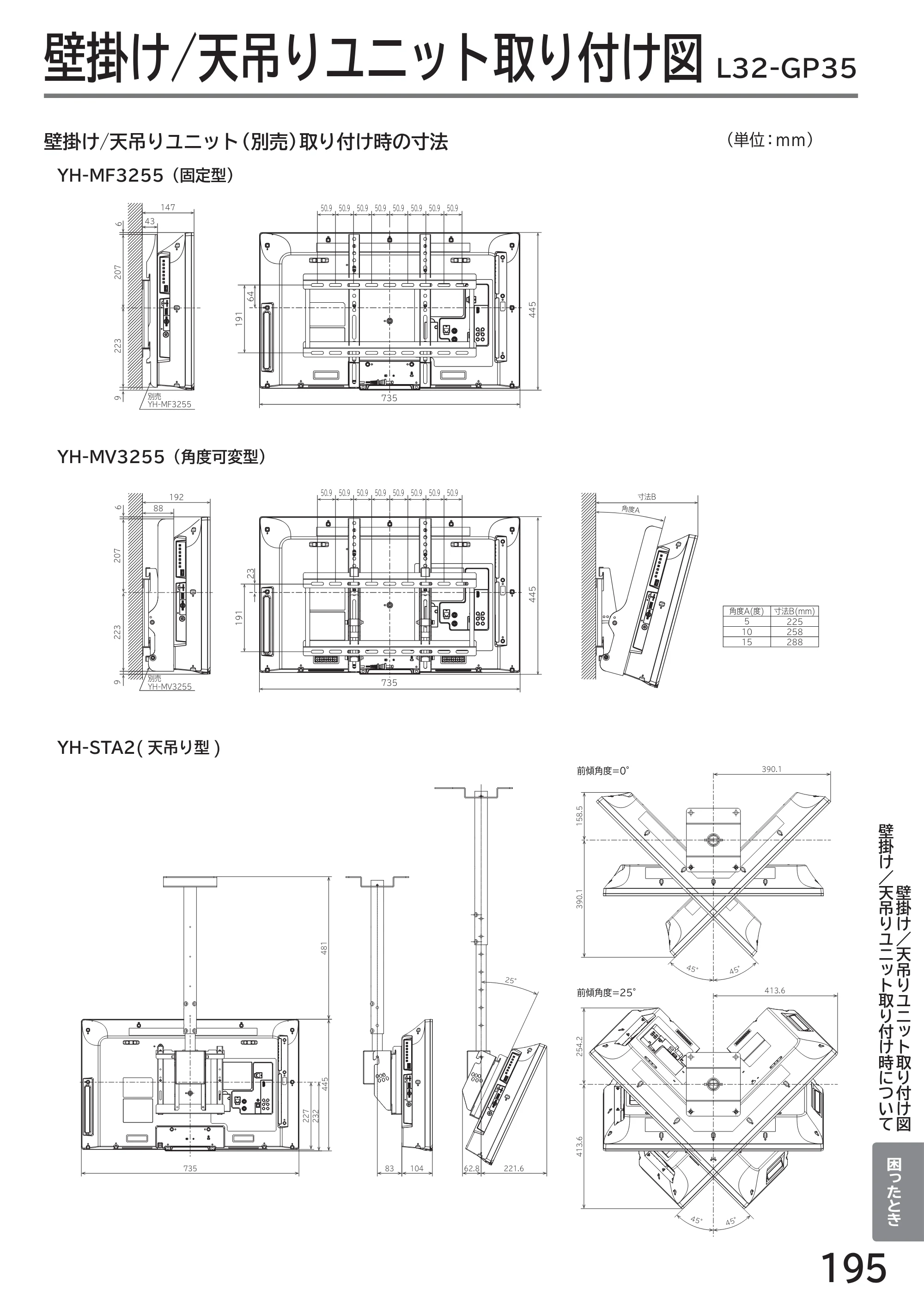 日立 L43-GP35 / L32-GP35 取扱説明書 — 壁掛け/天吊りユニット取り付け図 — 原本ページ — 195ページ