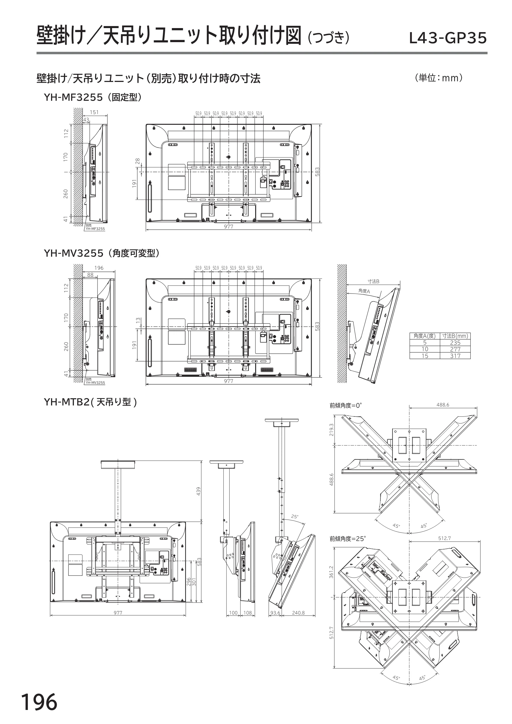 日立 L43-GP35 / L32-GP35 取扱説明書 — 壁掛け/天吊りユニット取り付け図(つづき) L43-GP35 — 図版 196-1 — 196ページ