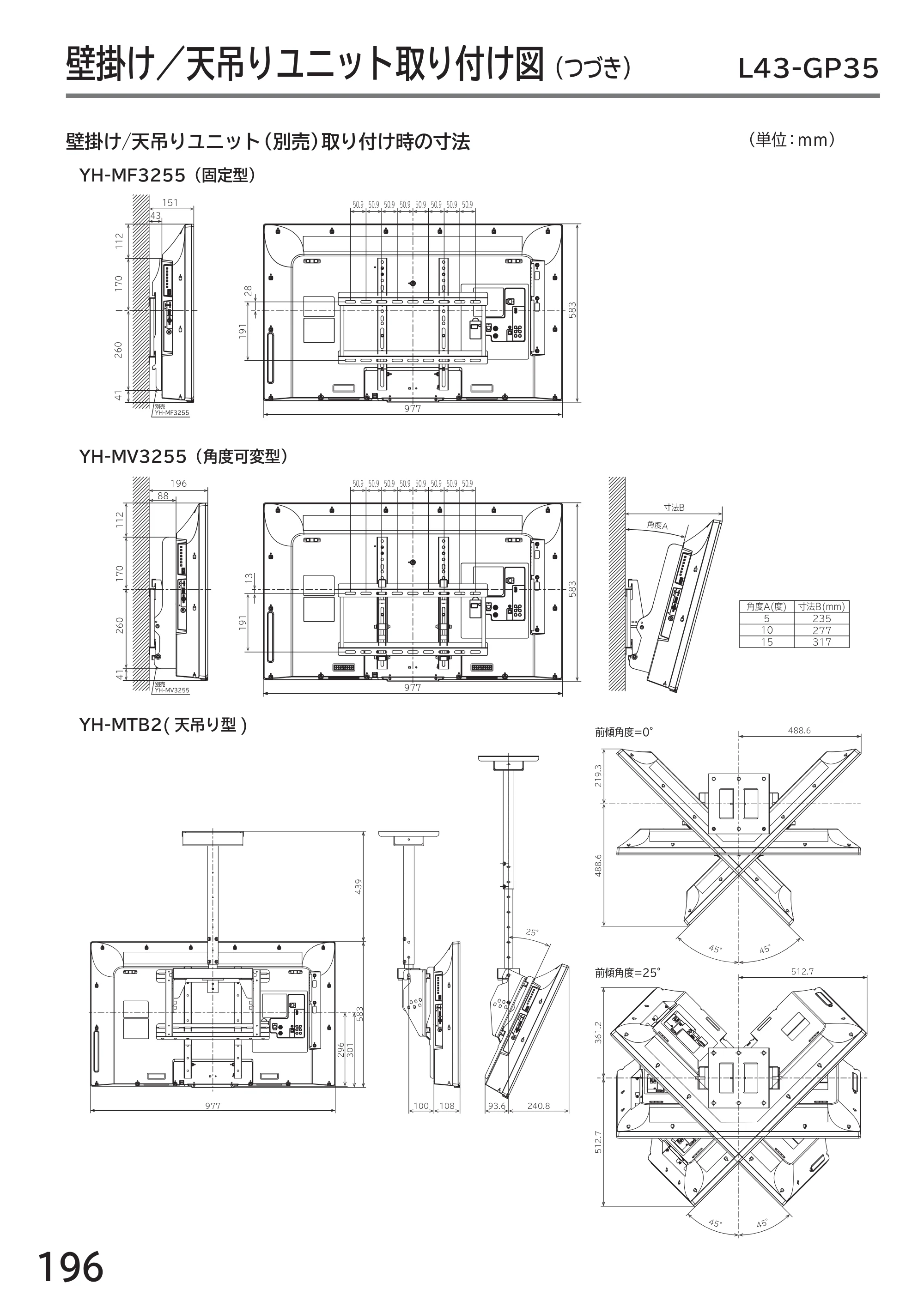 日立 L43-GP35 / L32-GP35 取扱説明書 — 壁掛け/天吊りユニット取り付け図(つづき) L43-GP35 — 原本ページ — 196ページ