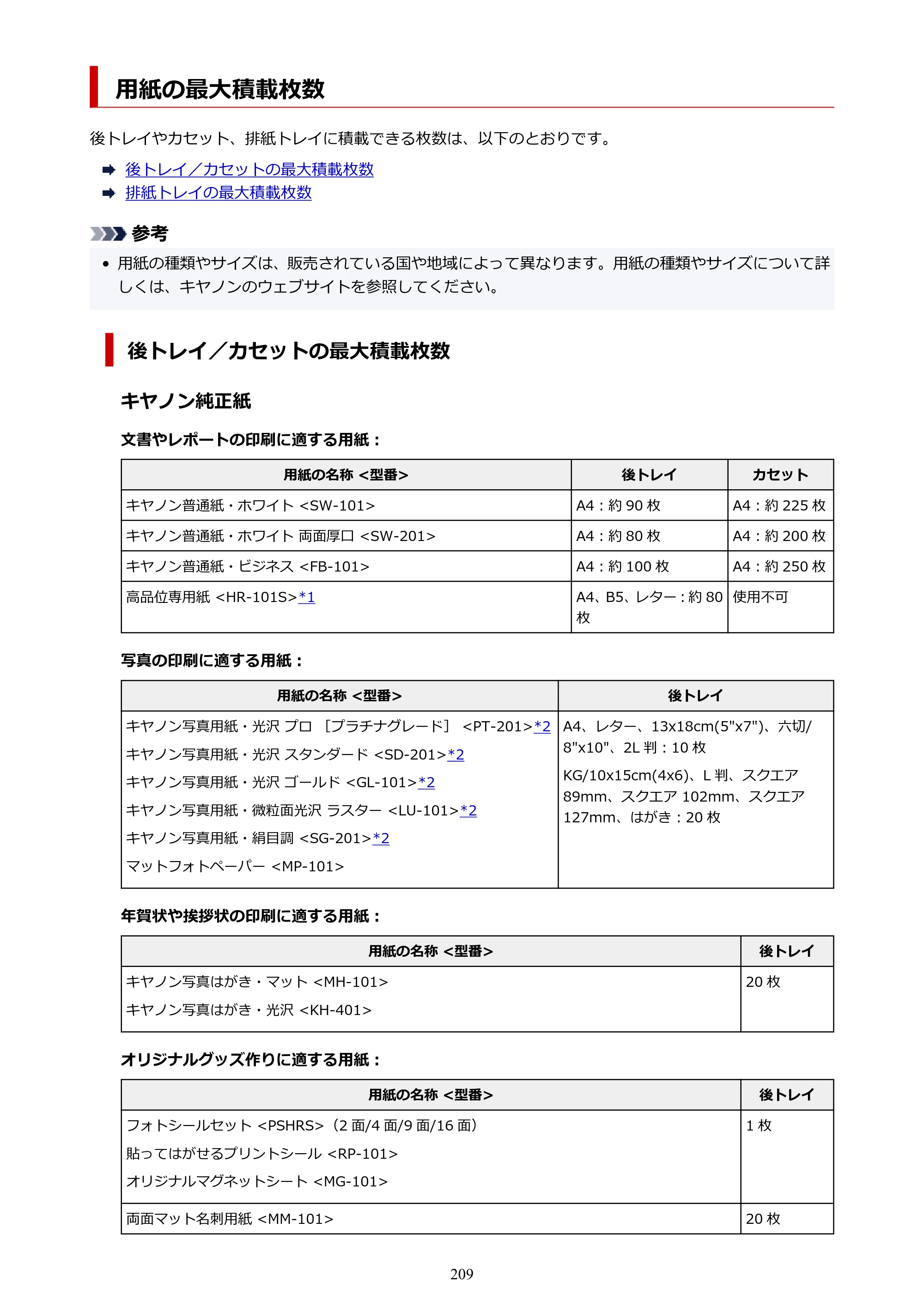 キヤノン G7030 オンラインマニュアル PDF版 （Windows版） 2019年12月12日掲載（PDF：15.7MB） — 用紙の最大積載枚数 — 原本ページ — 209ページ